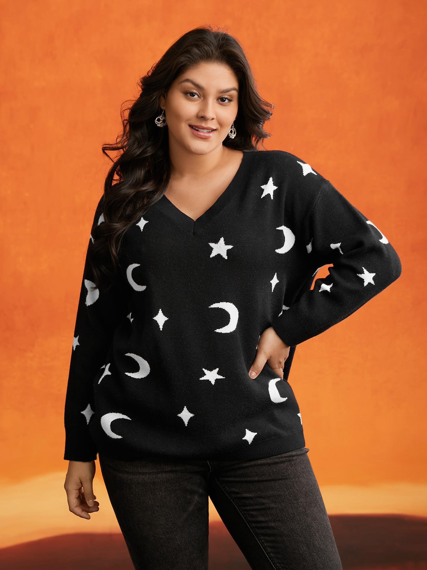 

Plus Size Supersoft Essentials Celestial Jacquard V-Neck Pullover Black Women Casual Long Sleeve V-neck Everyday Pullovers BloomChic