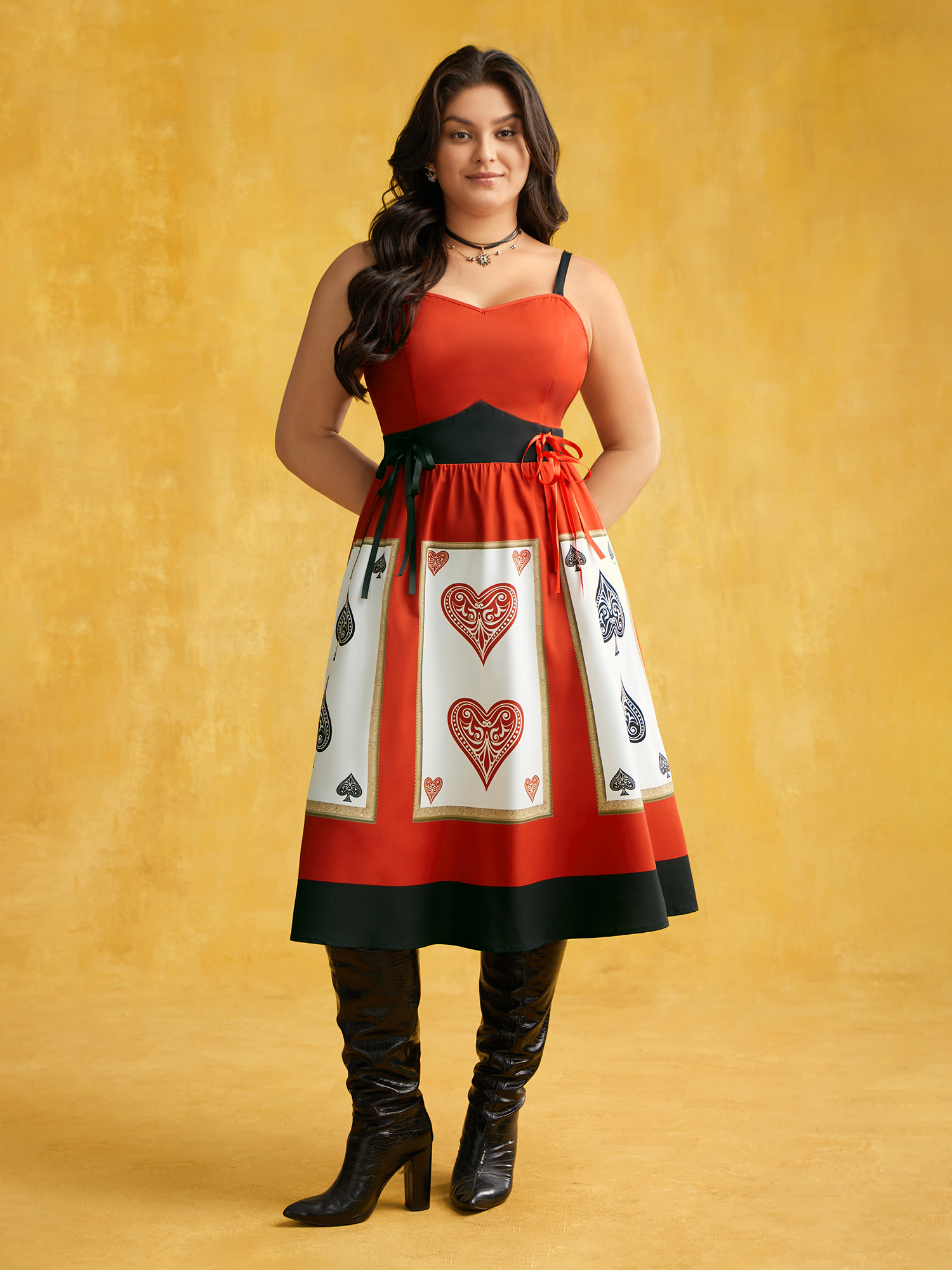 

Plus Size Poker Cards Adjustable Straps Midi Dress Scarlet Women Cocktail Tie knot Party Curvy Bloomchic