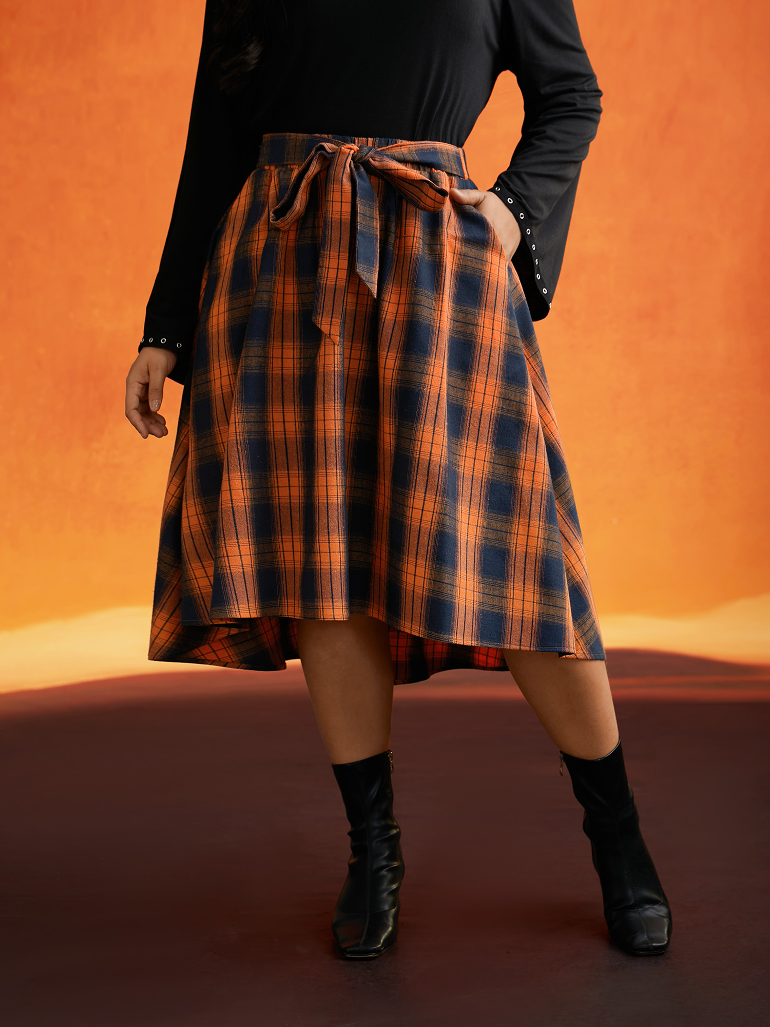 

Plus Size Plaid Waist Tie Halloween A-Line Skirt Women Brightorange Elegant Tie knot No stretch Slanted pocket Belt Everyday Skirts BloomChic