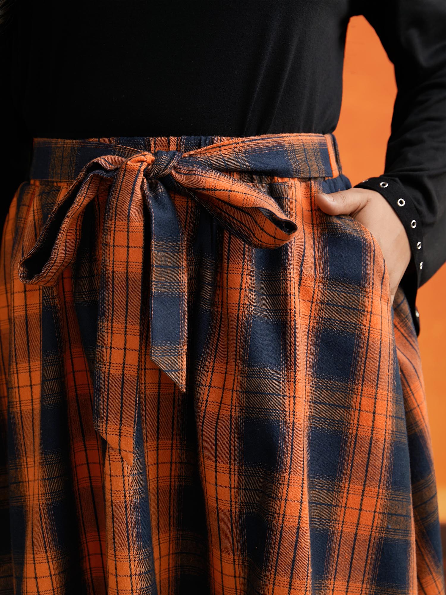 

Plus Size Plaid Waist Tie Halloween A-Line Skirt Women Brightorange Elegant Tie knot No stretch Slanted pocket Belt Everyday Skirts BloomChic