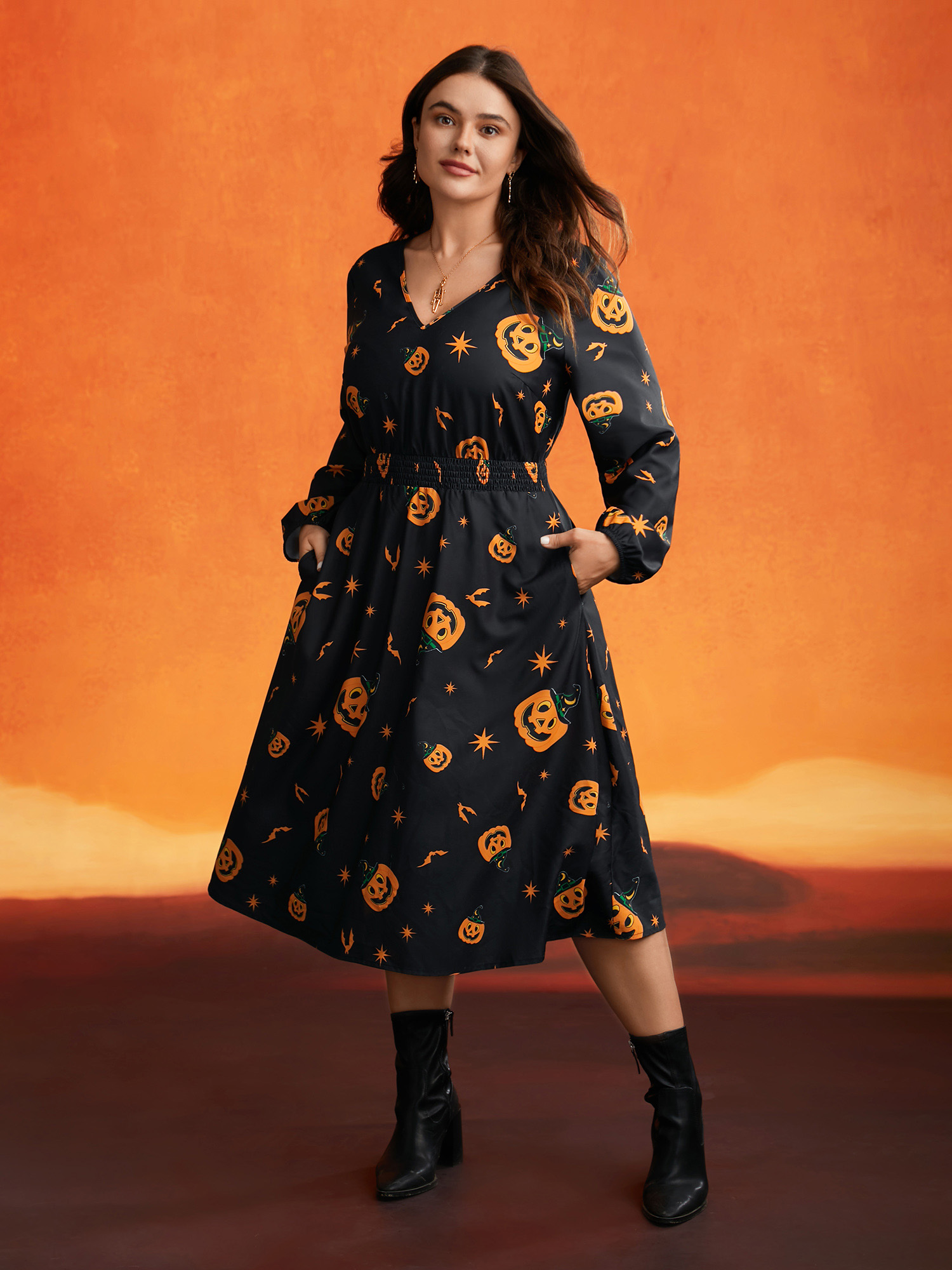 

Pumpkin Print Waist-Cinching Midi Dress, Black