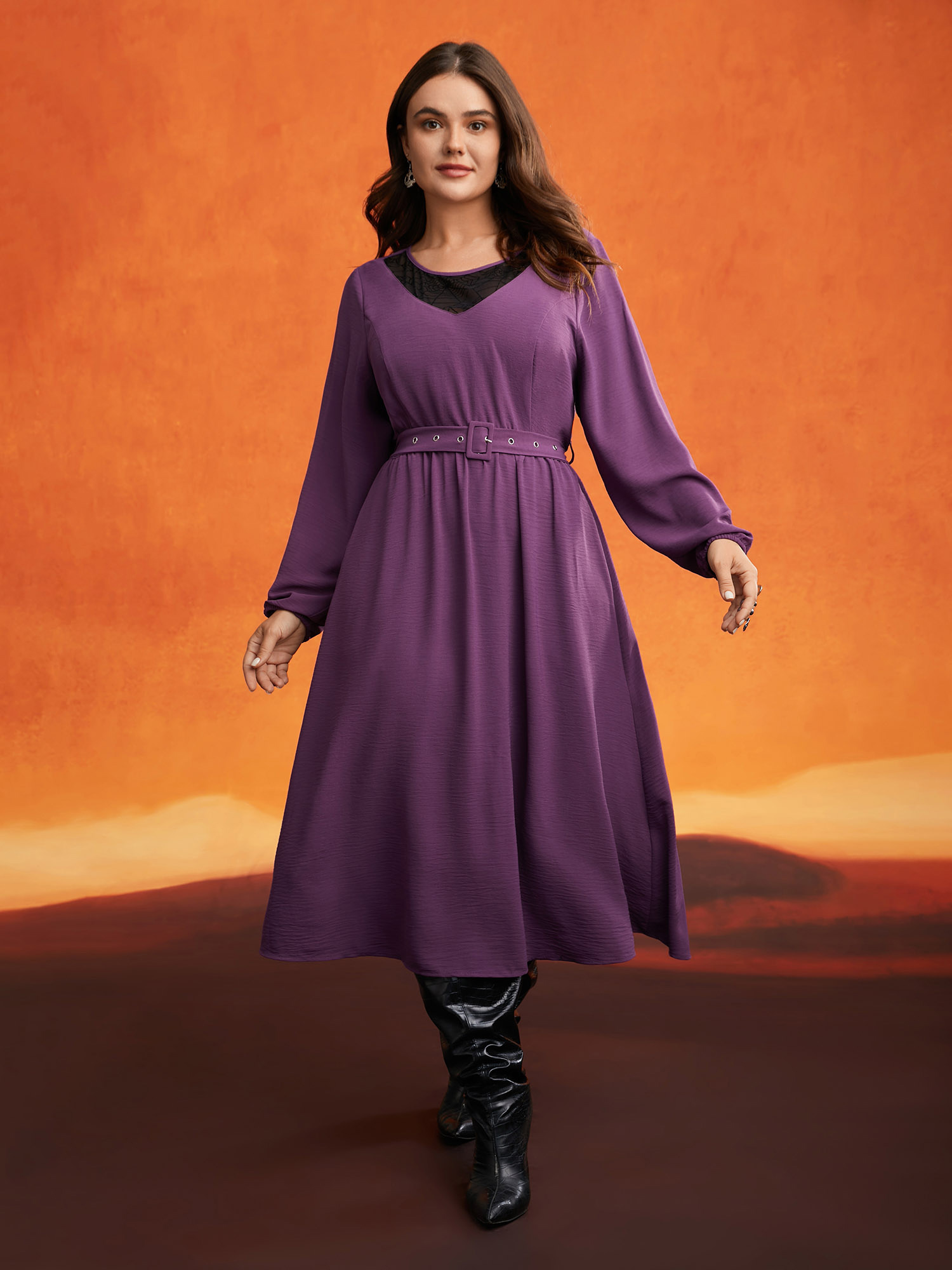 

Plus Size Eclipse Web Elastic Waistband Midi Dress DarkViolet Women Cocktail See through Party Curvy Bloomchic