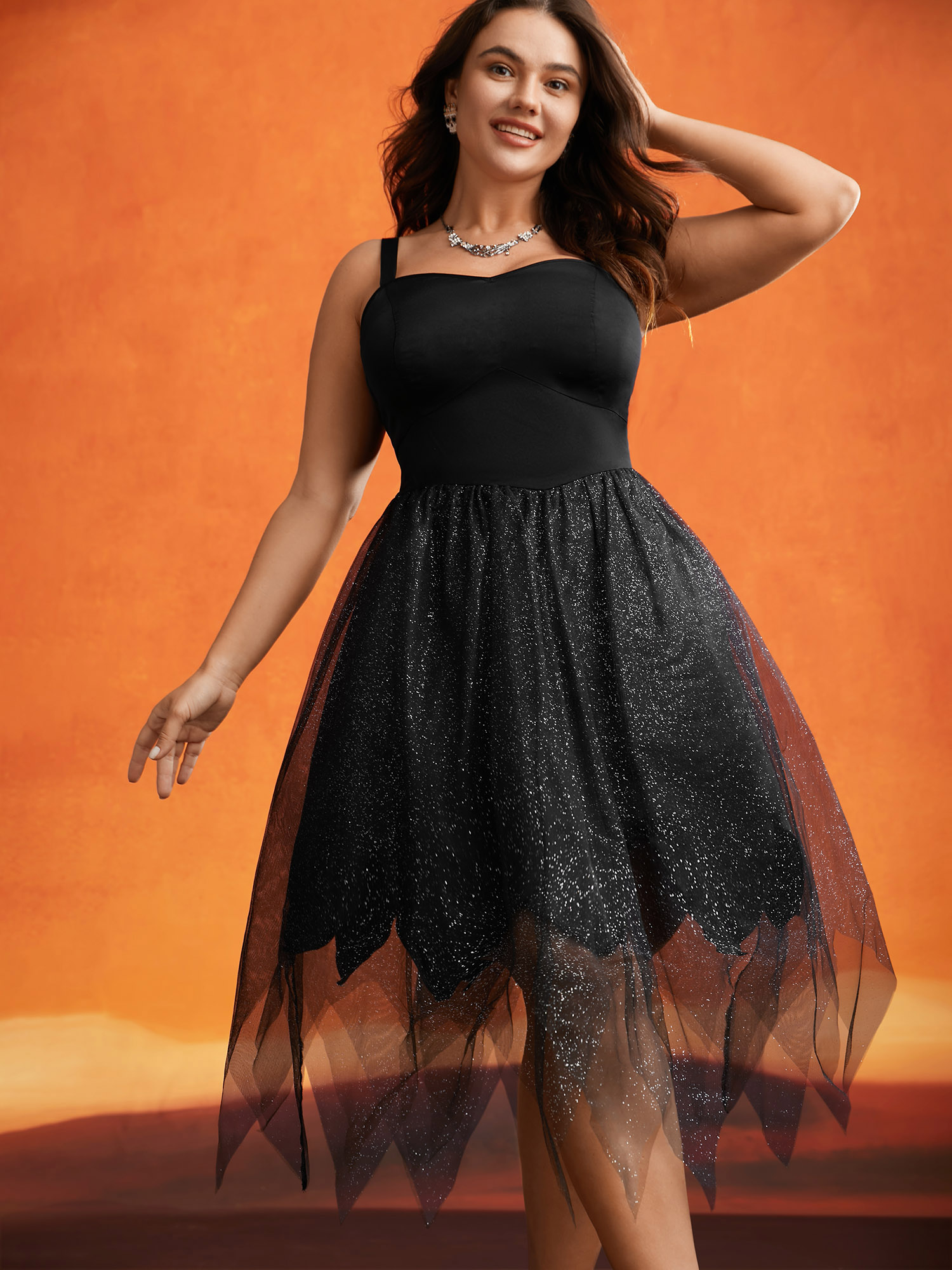 

Plus Size Enchanted Shiny Mesh Petal Hem Midi Dress Black Women Cocktail Texture Party Curvy Bloomchic