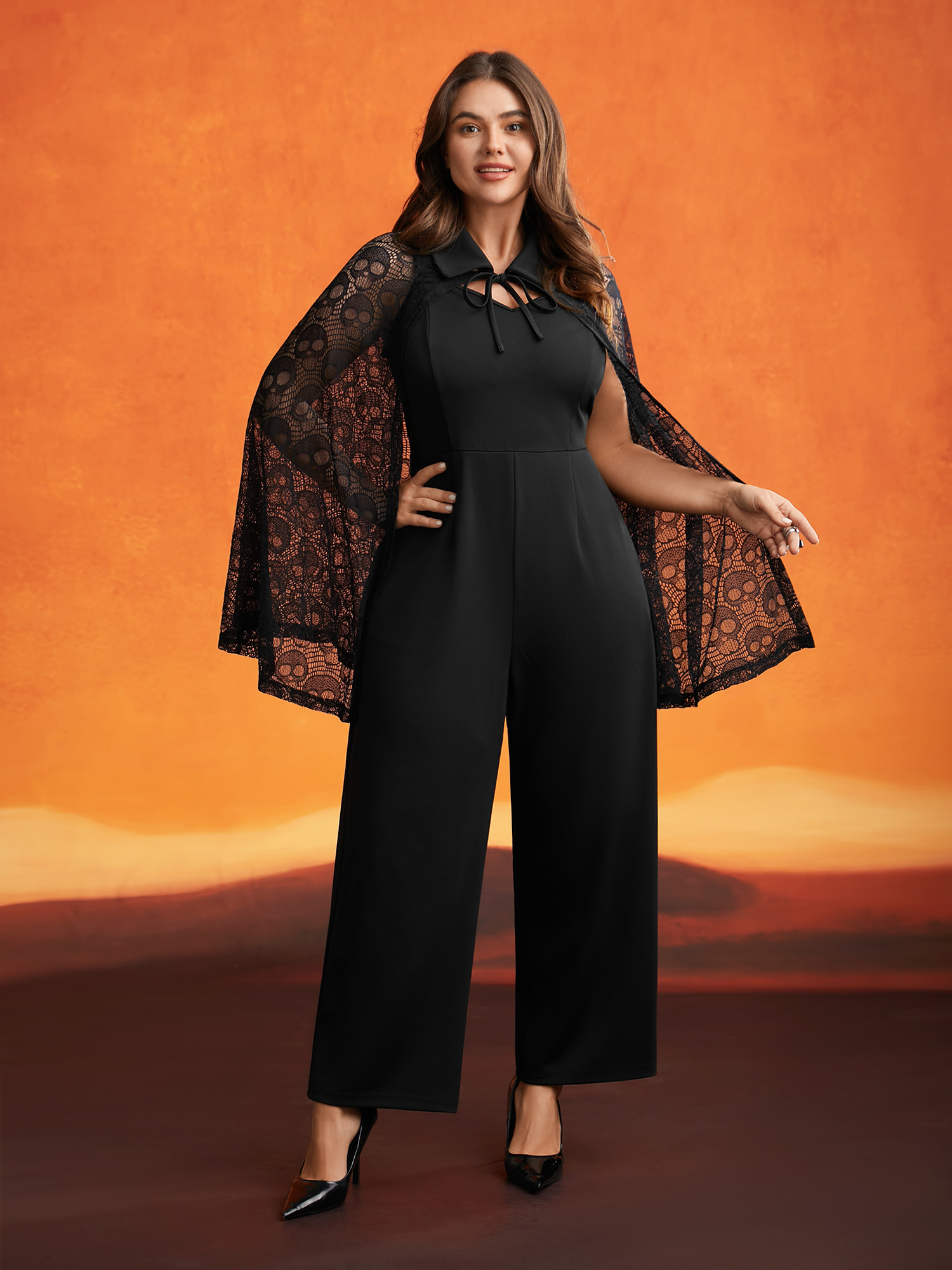 

Plus Size Black Stretch Fabric Ghostly Cape With Jumpsuit Women Cocktail Sleeveless Shirt collar Party Loose Jumpsuits BloomChic