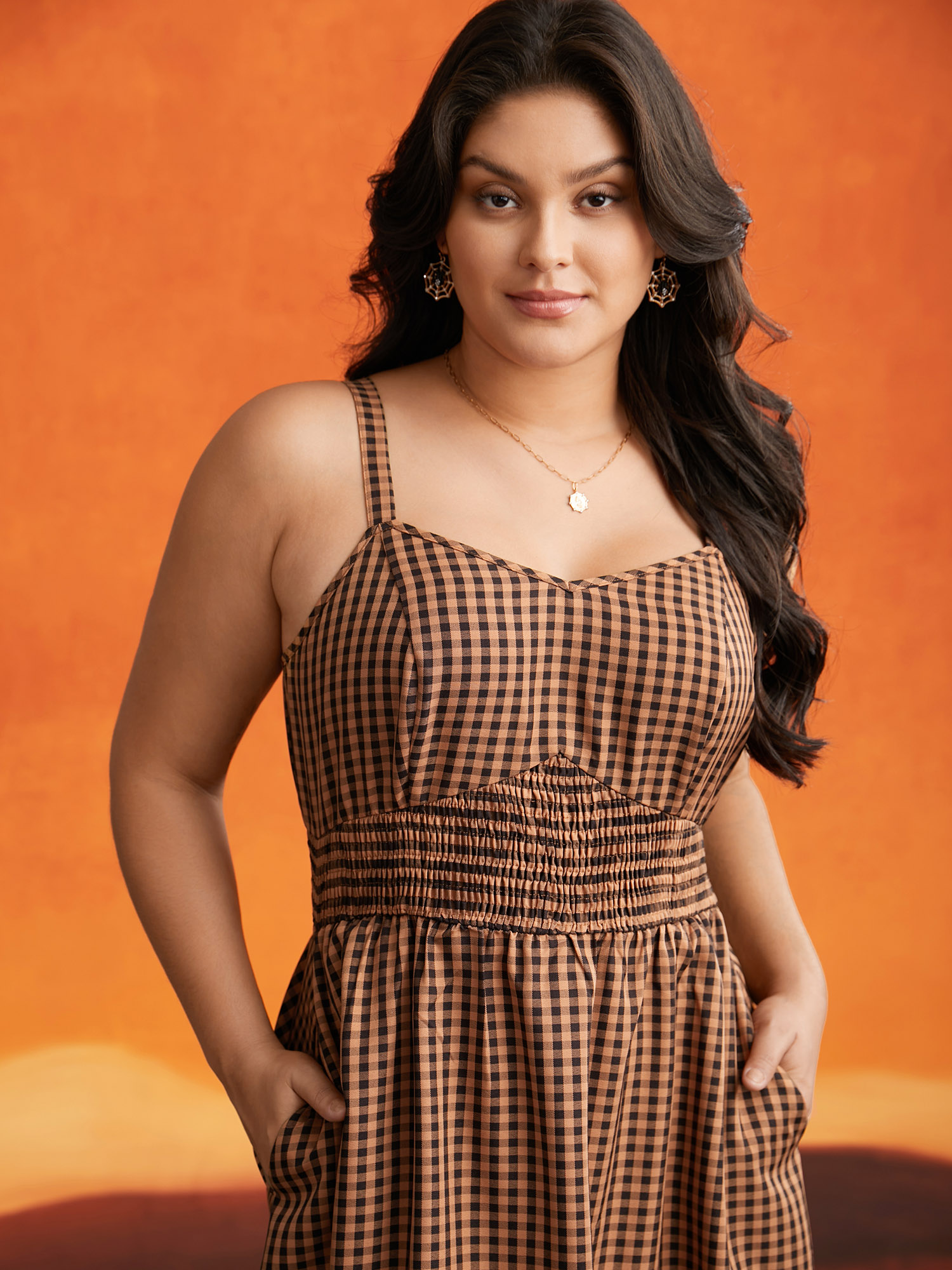 

Plus Size Cami Pumpkin Color Grid Waist Midi Dress Brightorange Women Party Curvy Bloomchic