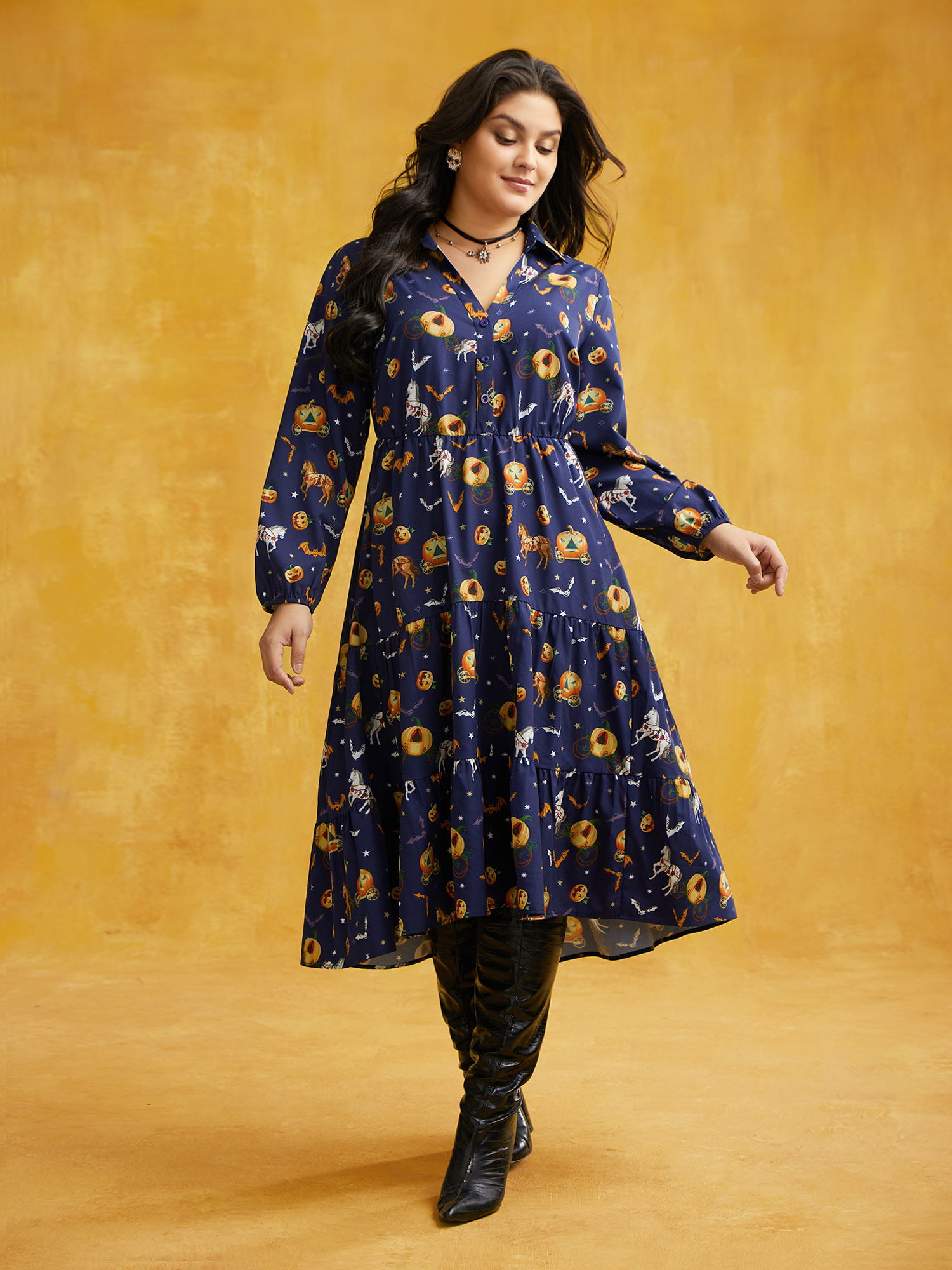 

Plus Size Trick & Chic Printed Waist Cinching Midi Dress Indigo Women Cocktail Button Party Curvy Bloomchic