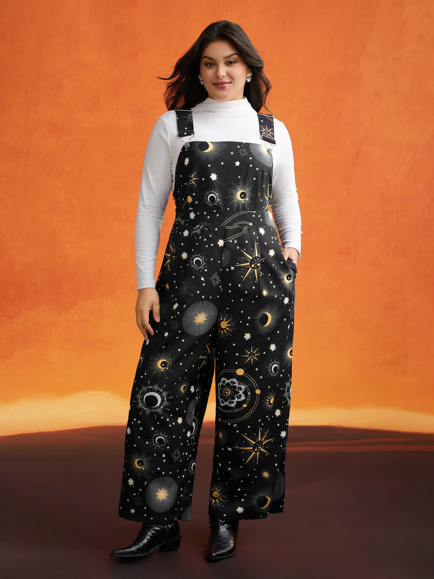 Plus Size Black Starry Night Printed Cami Jumpsuit Women Cocktail Sleeveless Non Party Loose Jumpsuits BloomChic 10/M 