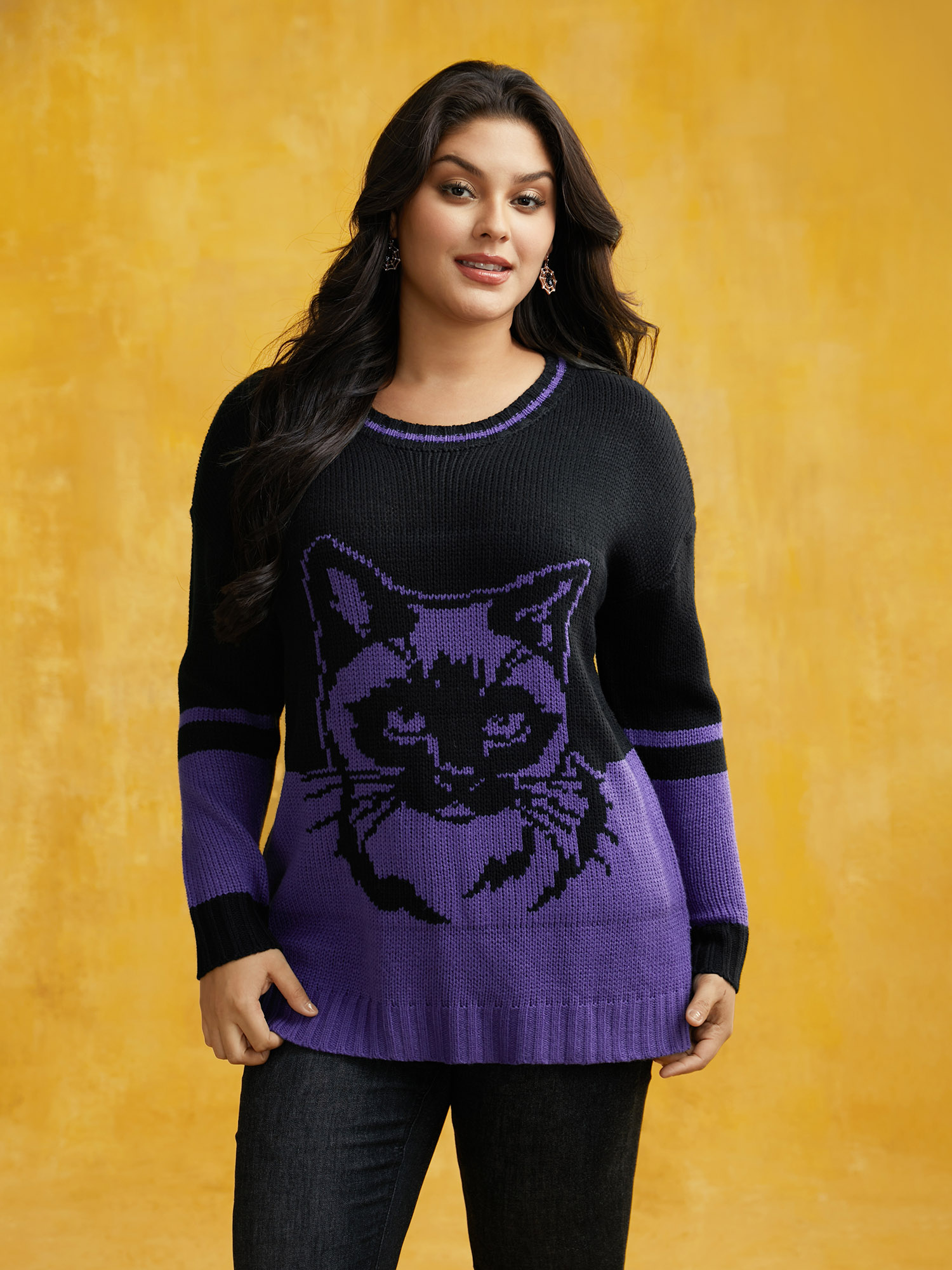 

Plus Size Mystic Cat Pattern Crew Neck Pullover DarkViolet Women Casual Loose Long Sleeve Round Neck Everyday Pullovers BloomChic