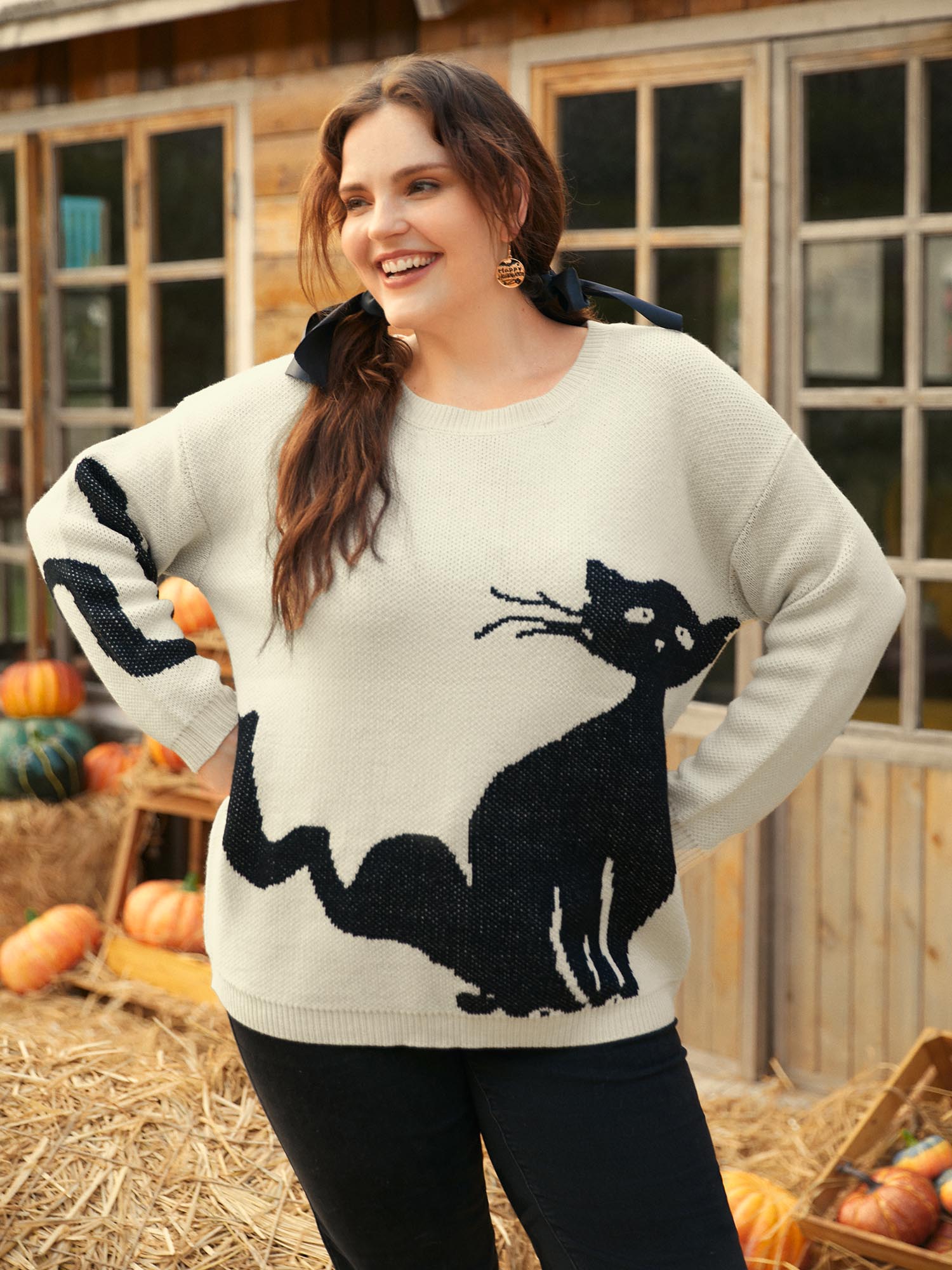 

Plus Size Mystic Cat Knit Crew Neck Pullover Originalwhite Women Casual Long Sleeve Round Neck Everyday Pullovers BloomChic