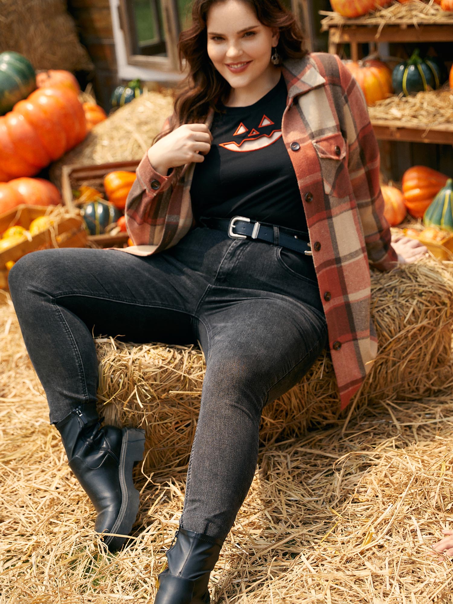 

Plus Size Halloween Plaid Chest Pockets Long Jacket Women Rust Button Loose Side seam pocket Everyday Jackets BloomChic