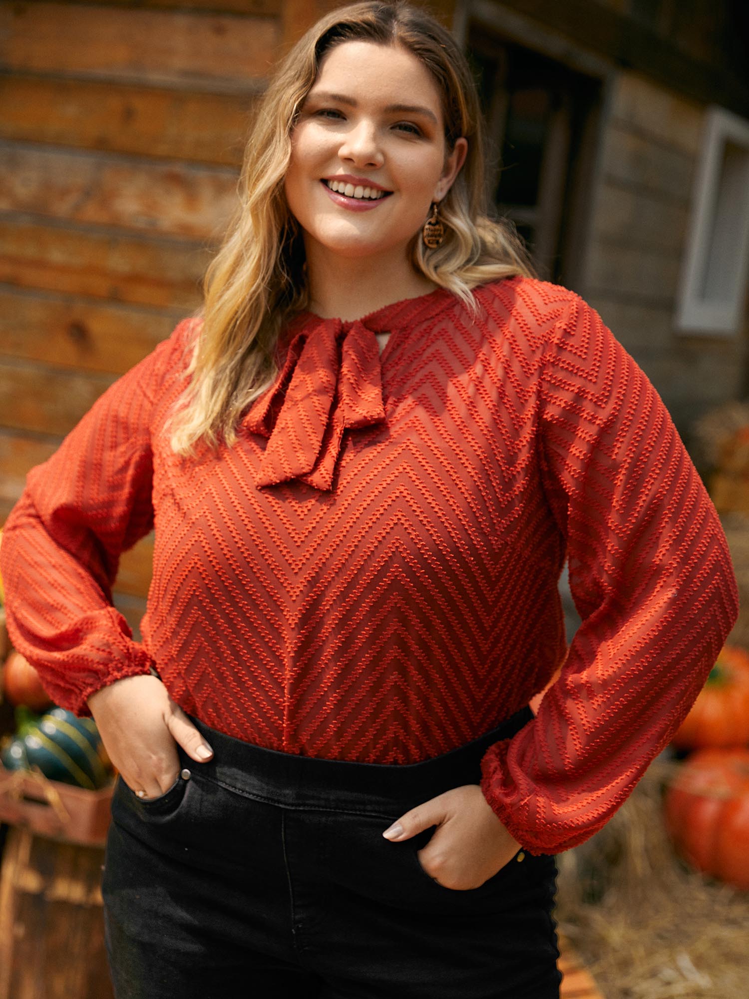 

Plus Size Rust Wicked Neck Ribbon Lantern Sleeve Blouse Women Elegant Long Sleeve Ribbon-tied collar Everyday Blouses BloomChic