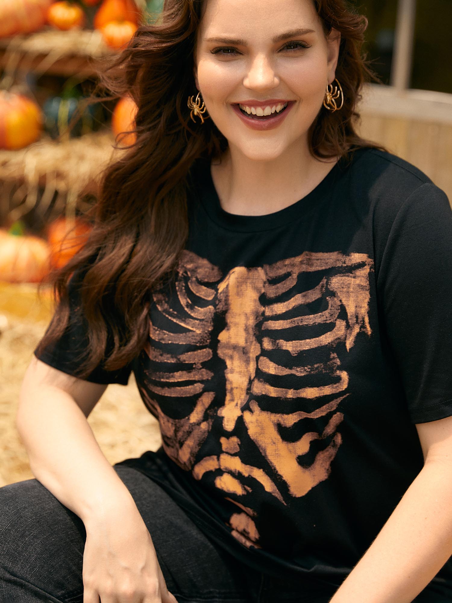 

Plus Size Skeleton Printed Slim-Fit T-shirt Black Women Casual Non Halloween Round Neck Everyday T-shirts BloomChic