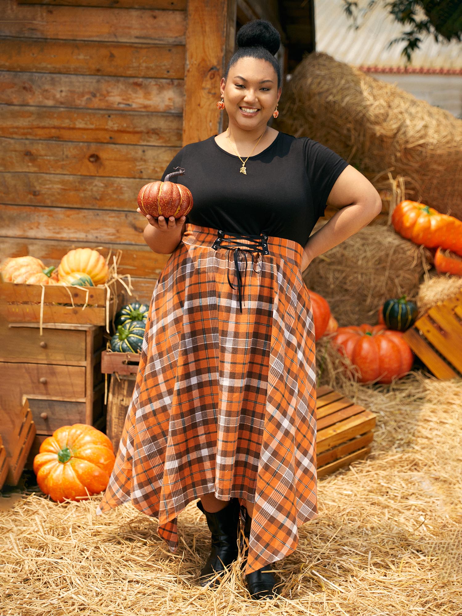 

Elastic Plaid Asymmetrical Hem Dress, Brightorange