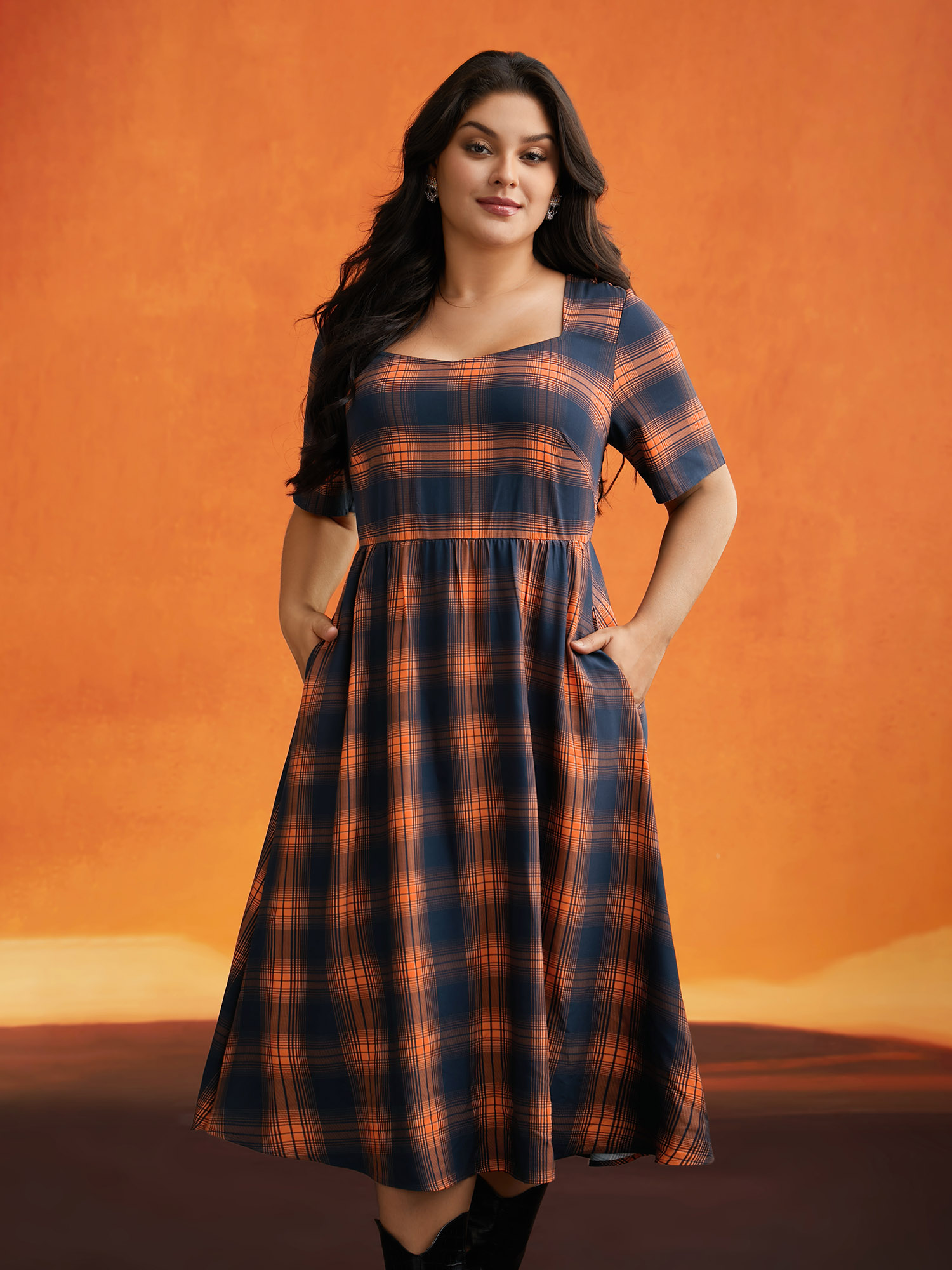 

Stretchy Plaid Contrast Splicing Midi Dress, Brightorange