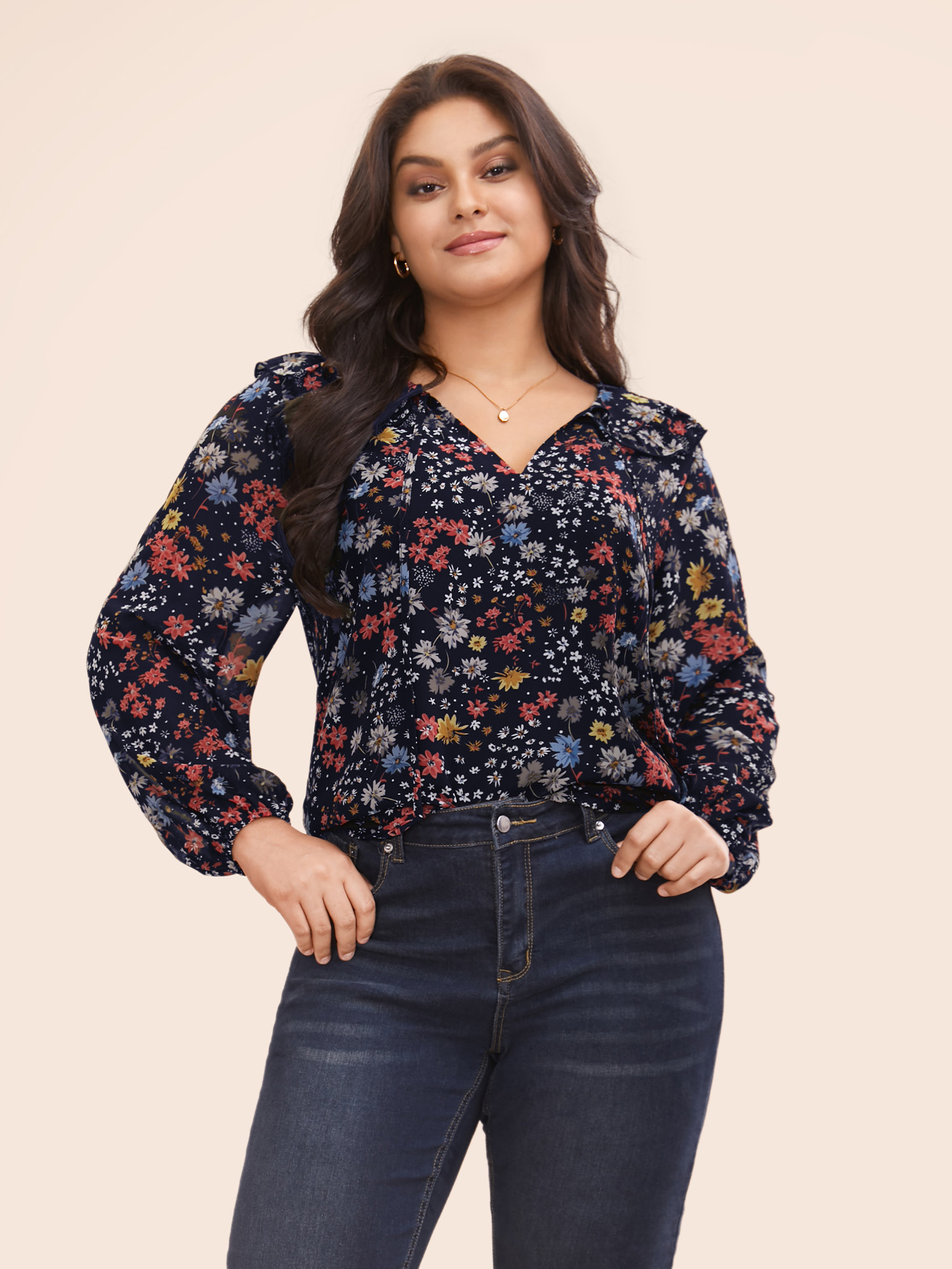 

Plus Size Indigo Chiffon Floral Tie Knot Ruffle Trim Blouse Women Elegant Long Sleeve V-neck Everyday Blouses BloomChic