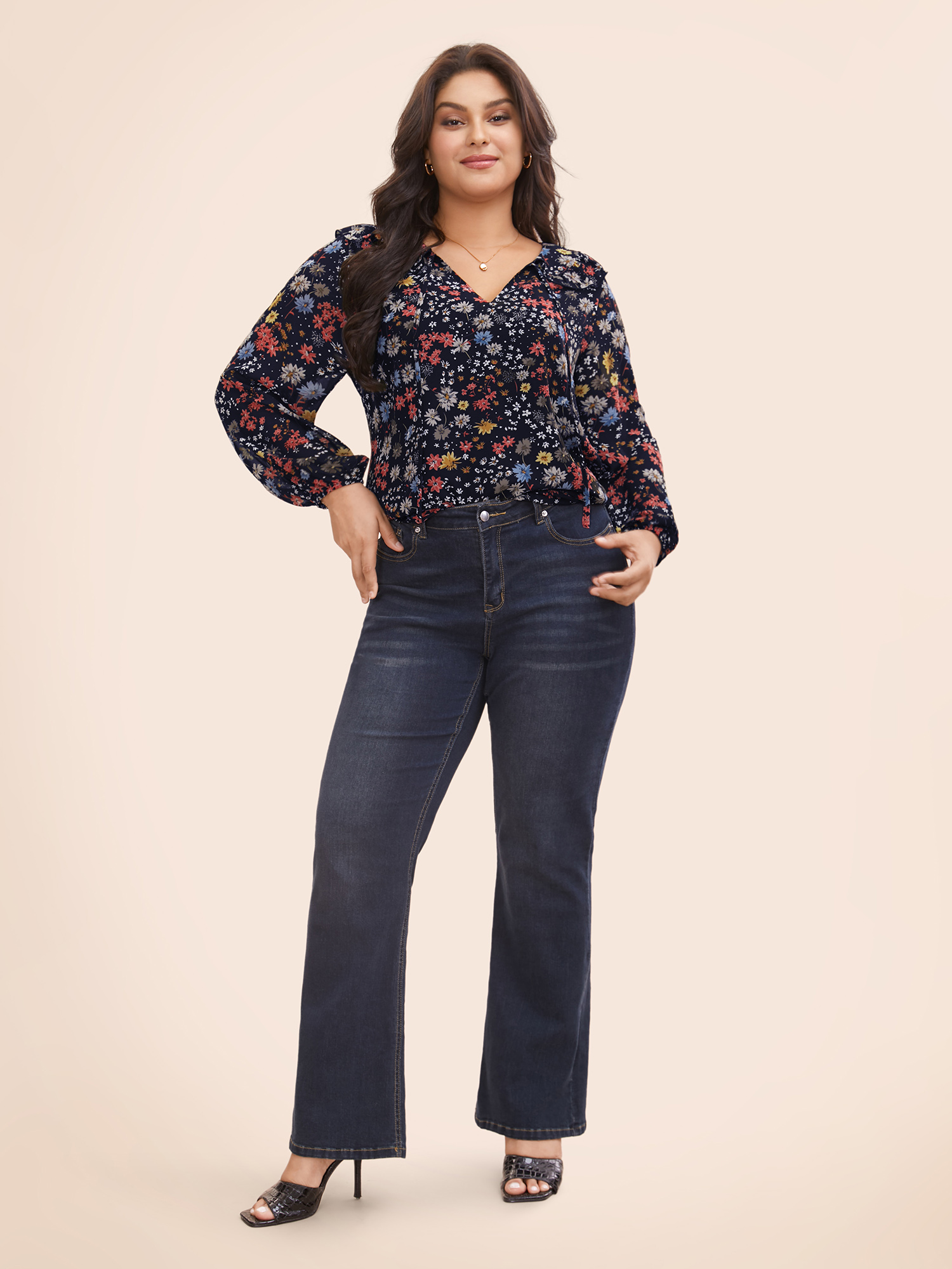 Plus Size Indigo Chiffon Floral Tie Knot Ruffle Trim Blouse Women Elegant Long Sleeve V-neck Everyday Blouses BloomChic 30/6X 