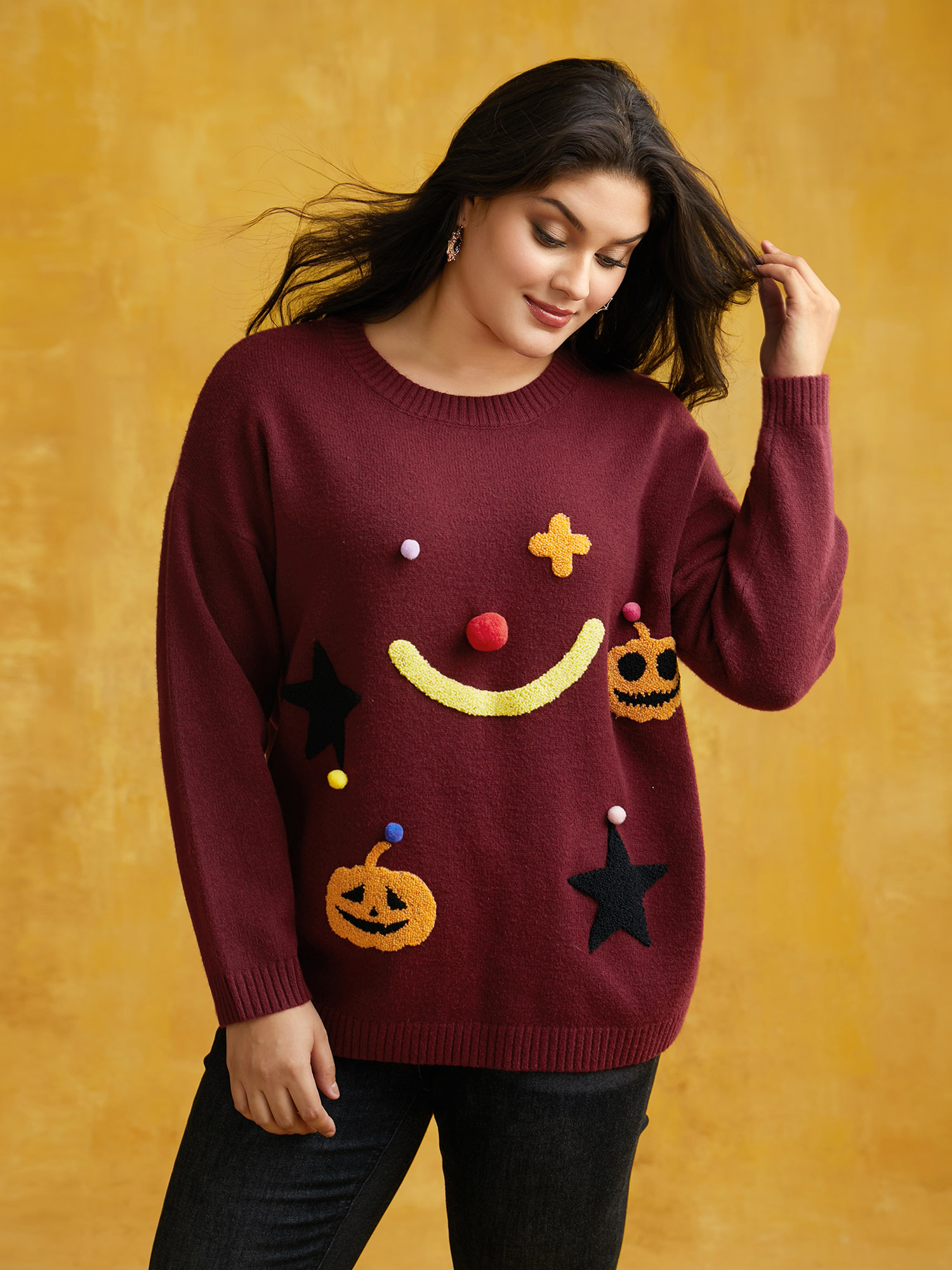 

Plus Size Clown Pumpkin 3D Pompom Nose Pullover Burgundy Women Casual Loose Long Sleeve Round Neck Everyday Pullovers BloomChic