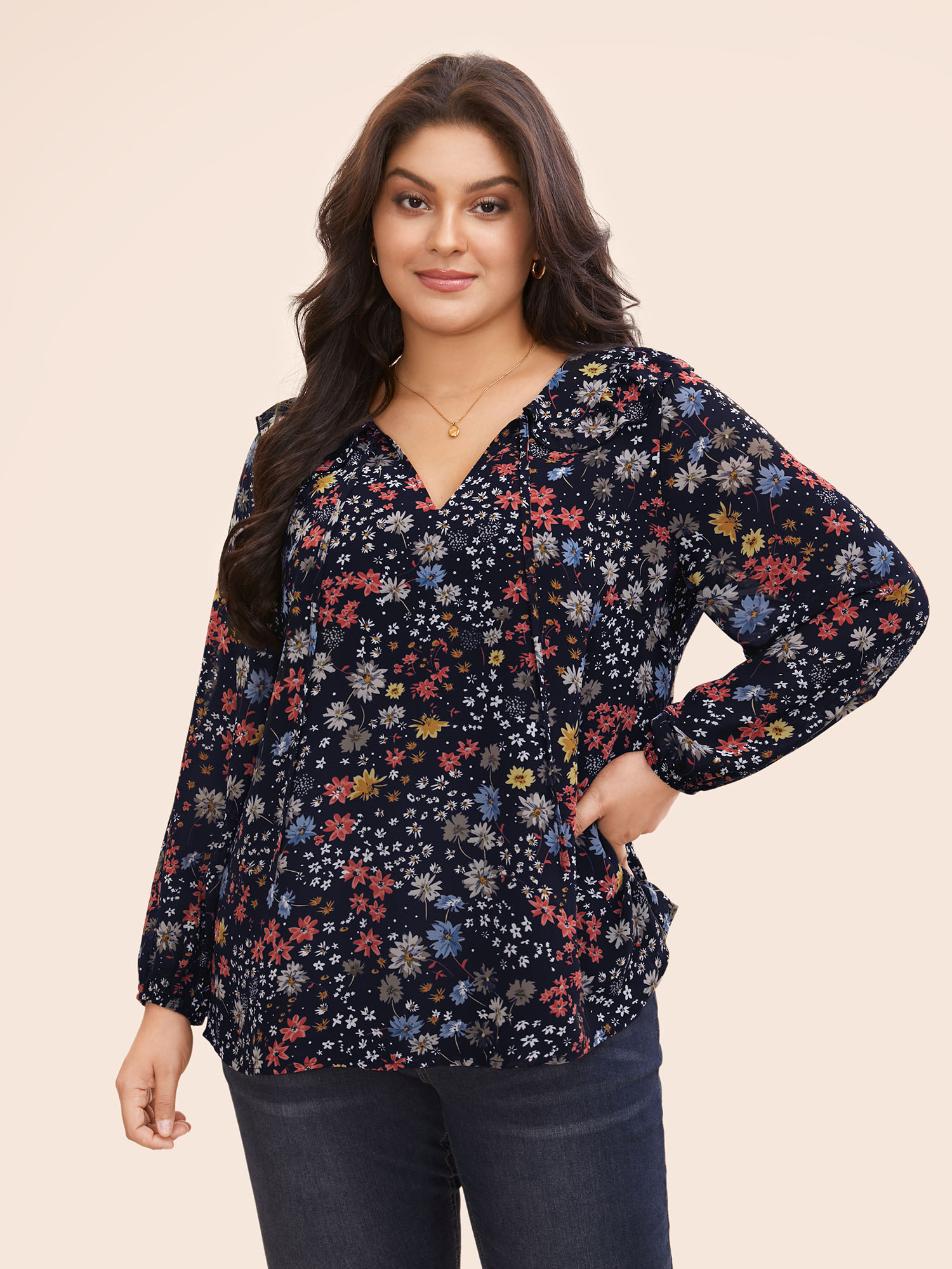 Plus Size Indigo Chiffon Floral Tie Knot Ruffle Trim Blouse Women Elegant Long Sleeve V-neck Everyday Blouses BloomChic 30/6X 