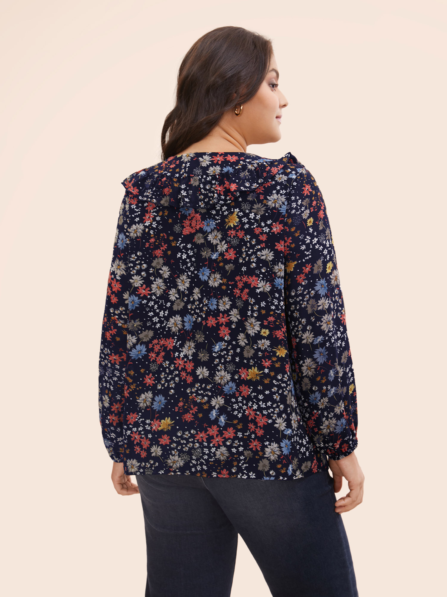Plus Size Indigo Chiffon Floral Tie Knot Ruffle Trim Blouse Women Elegant Long Sleeve V-neck Everyday Blouses BloomChic 30/6X 