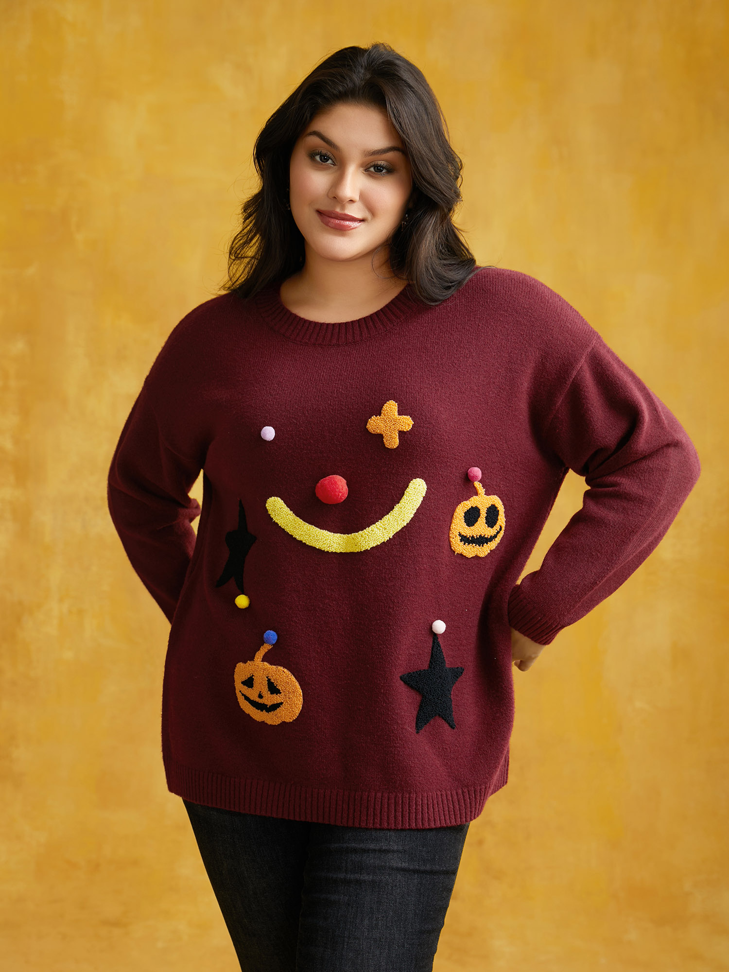 

Plus Size Clown Pumpkin 3D Pompom Nose Pullover Burgundy Women Casual Loose Long Sleeve Round Neck Everyday Pullovers BloomChic