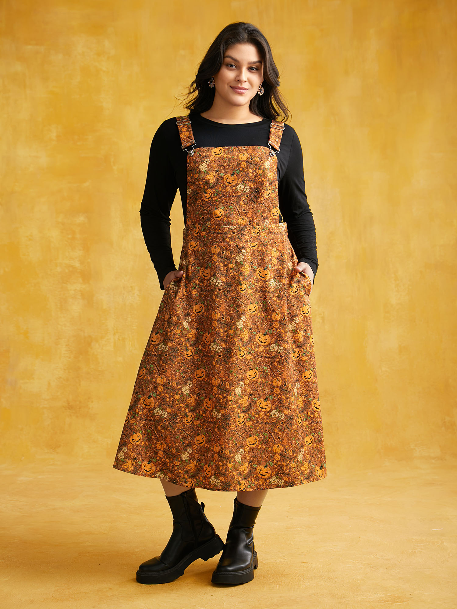 

Pumpkin Print Suspender Midi Dress, Amber