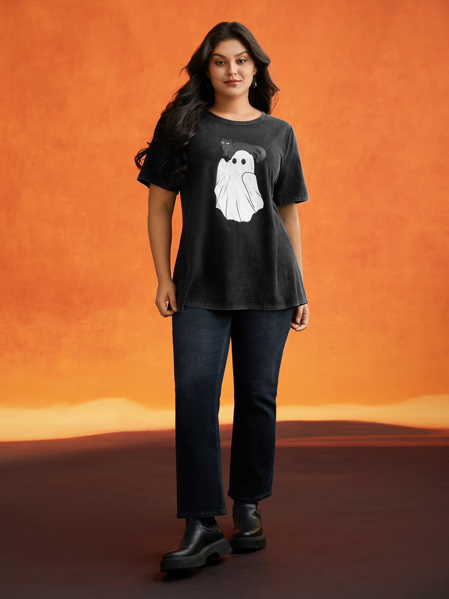 Plus Size Cotton Hide And Seek Washed Effect T-shirt Black Women Casual Non Halloween Round Neck Everyday T-shirts BloomChic 28/5X 