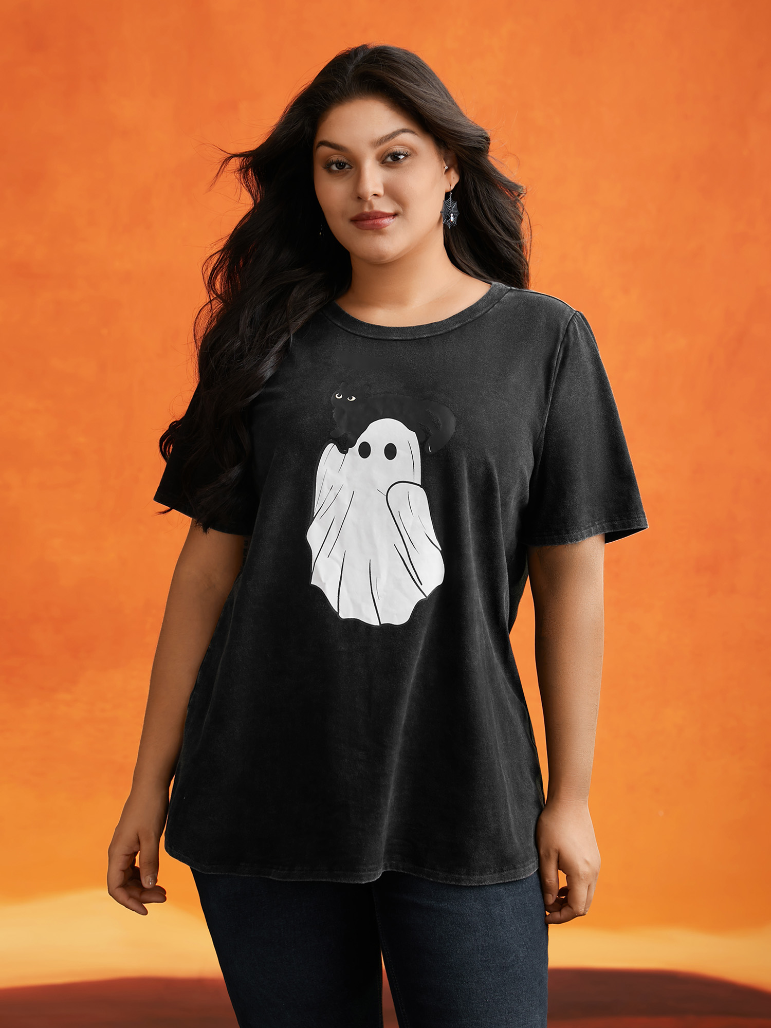 Plus Size Cotton Hide And Seek Washed Effect T-shirt Black Women Casual Non Halloween Round Neck Everyday T-shirts BloomChic 28/5X 