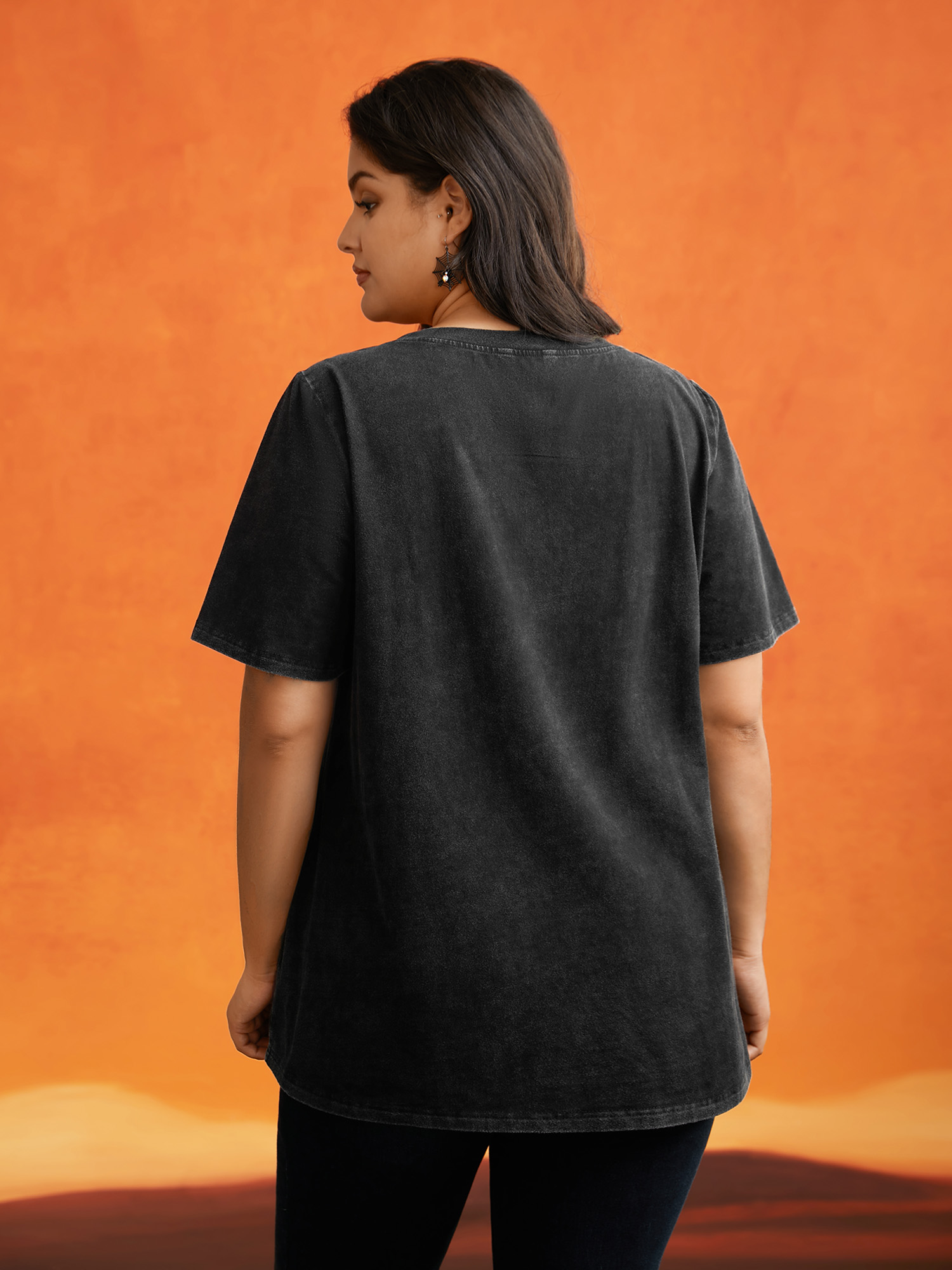 

Plus Size Cotton Hide And Seek Washed Effect T-shirt Black Women Casual Non Halloween Round Neck Everyday T-shirts BloomChic