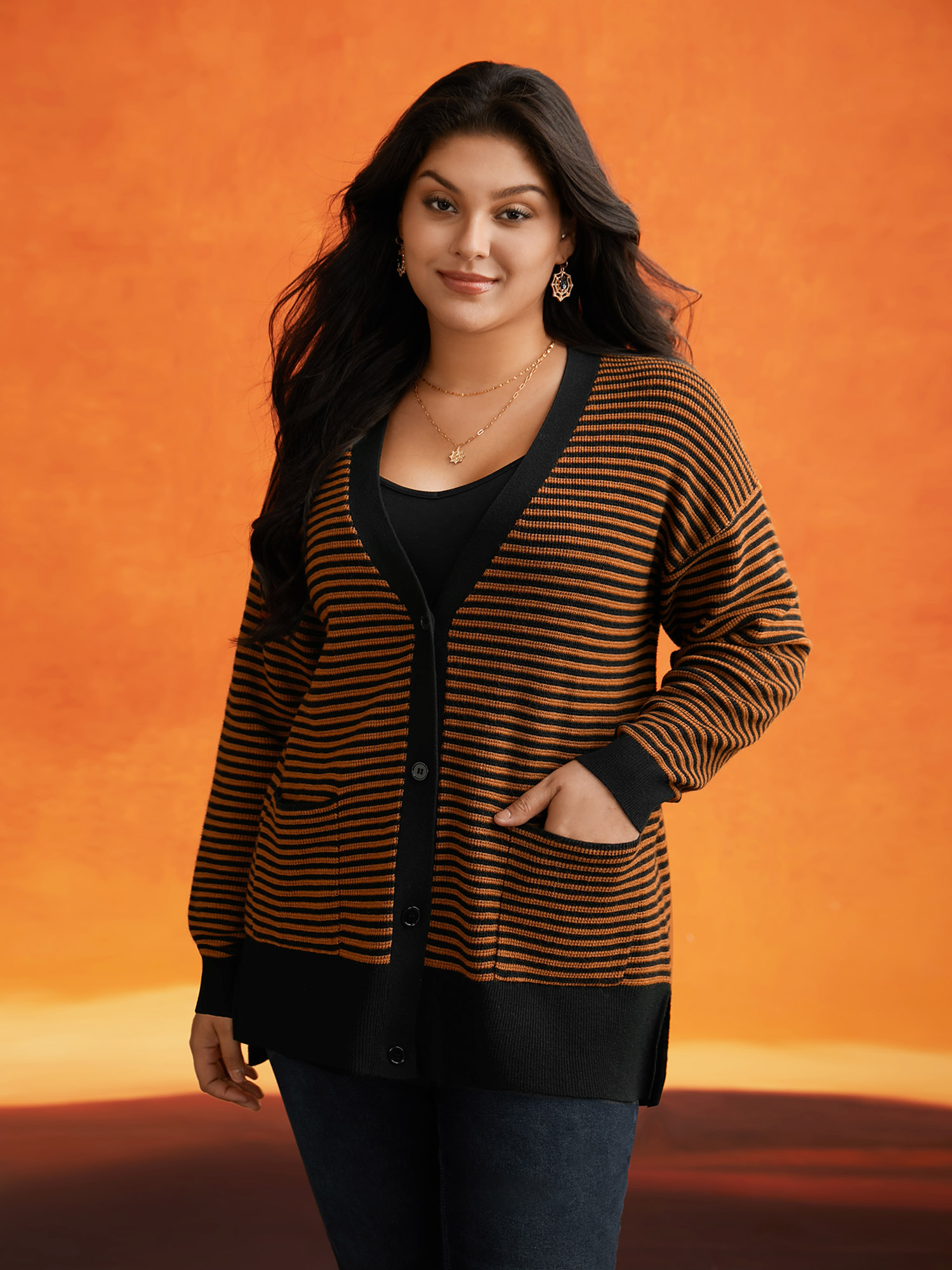 

Plus Size Halloween Striped Ribbed Cardigan OrangeRed Women Casual Loose Long Sleeve Everyday Cardigans BloomChic