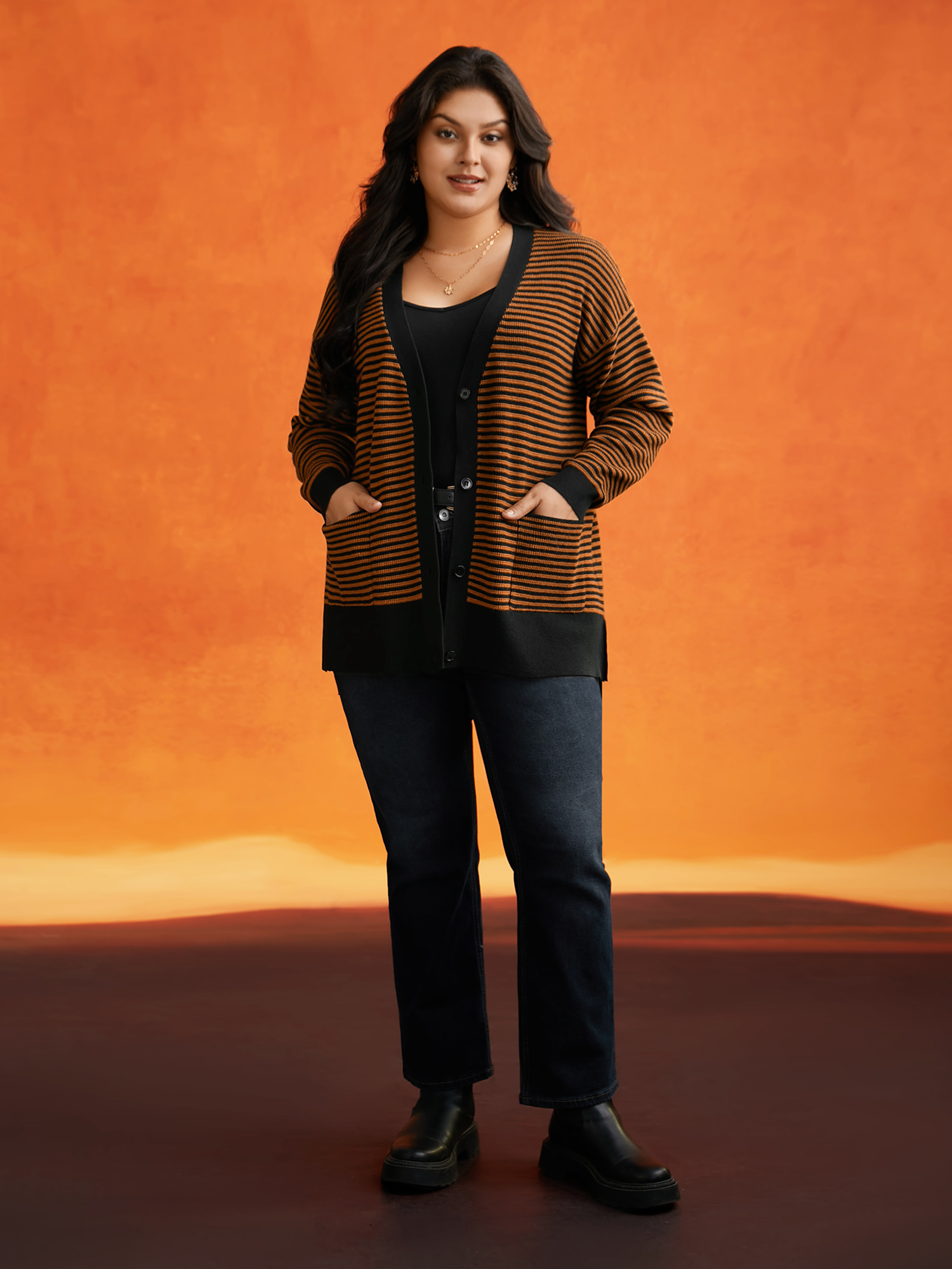 Plus Size Halloween Striped Ribbed Cardigan OrangeRed Women Casual Loose Long Sleeve Everyday Cardigans BloomChic 28/5X 