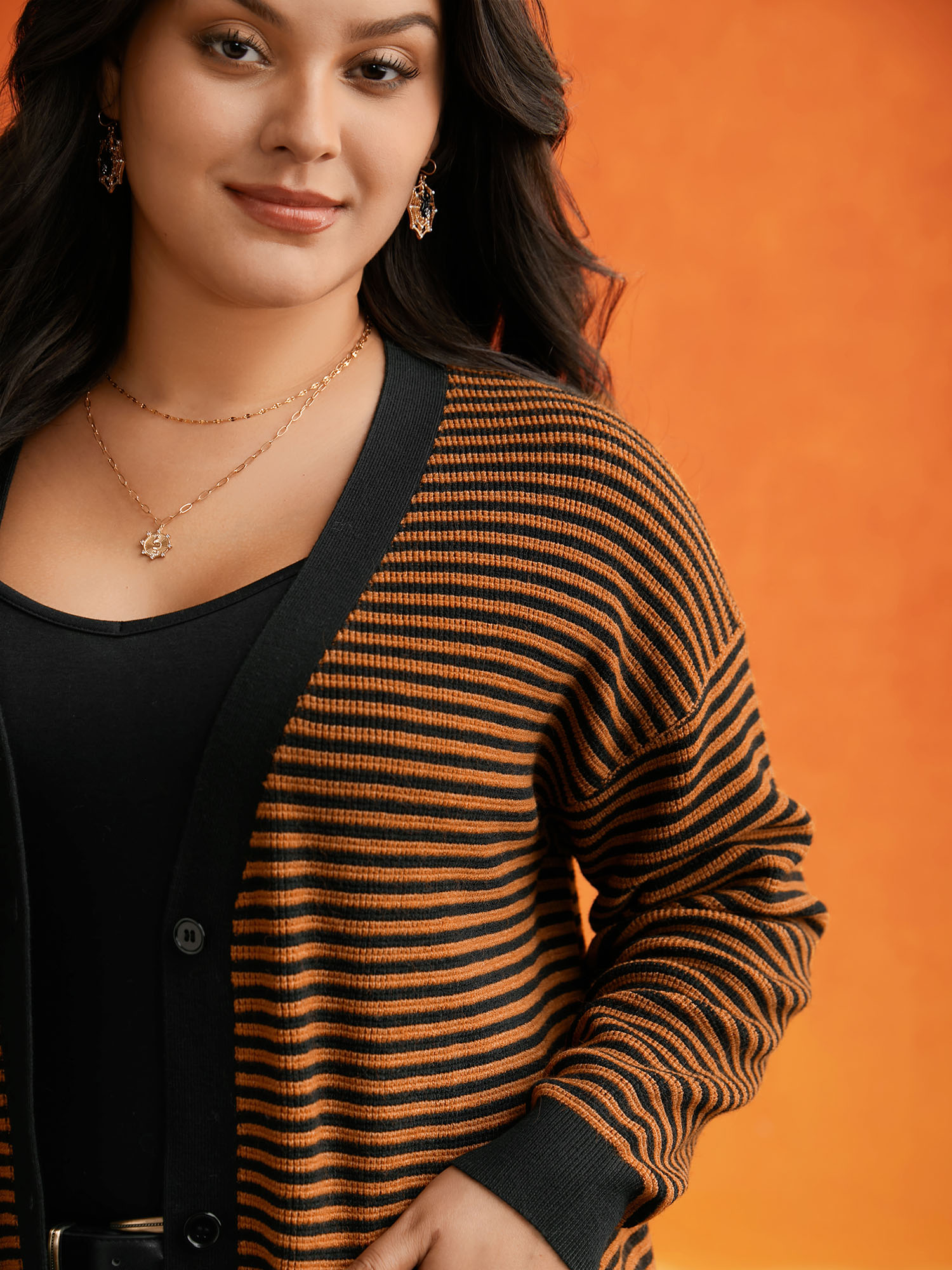 

Plus Size Halloween Striped Ribbed Cardigan OrangeRed Women Casual Loose Long Sleeve Everyday Cardigans BloomChic