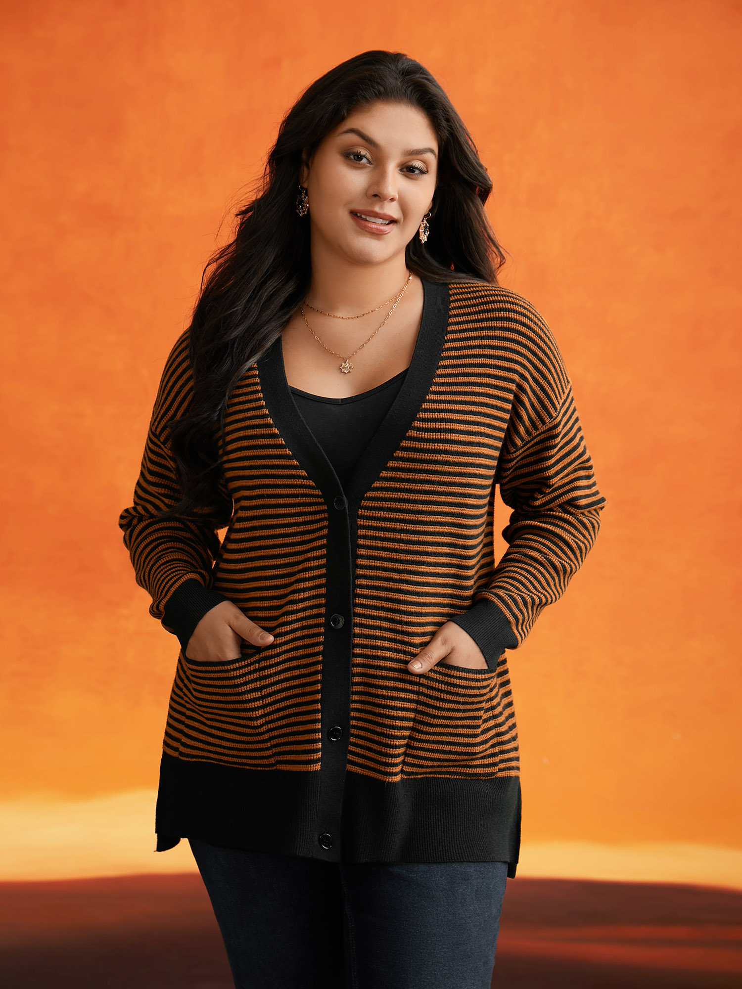Plus Size Halloween Striped Ribbed Cardigan OrangeRed Women Casual Loose Long Sleeve Everyday Cardigans BloomChic 28/5X 