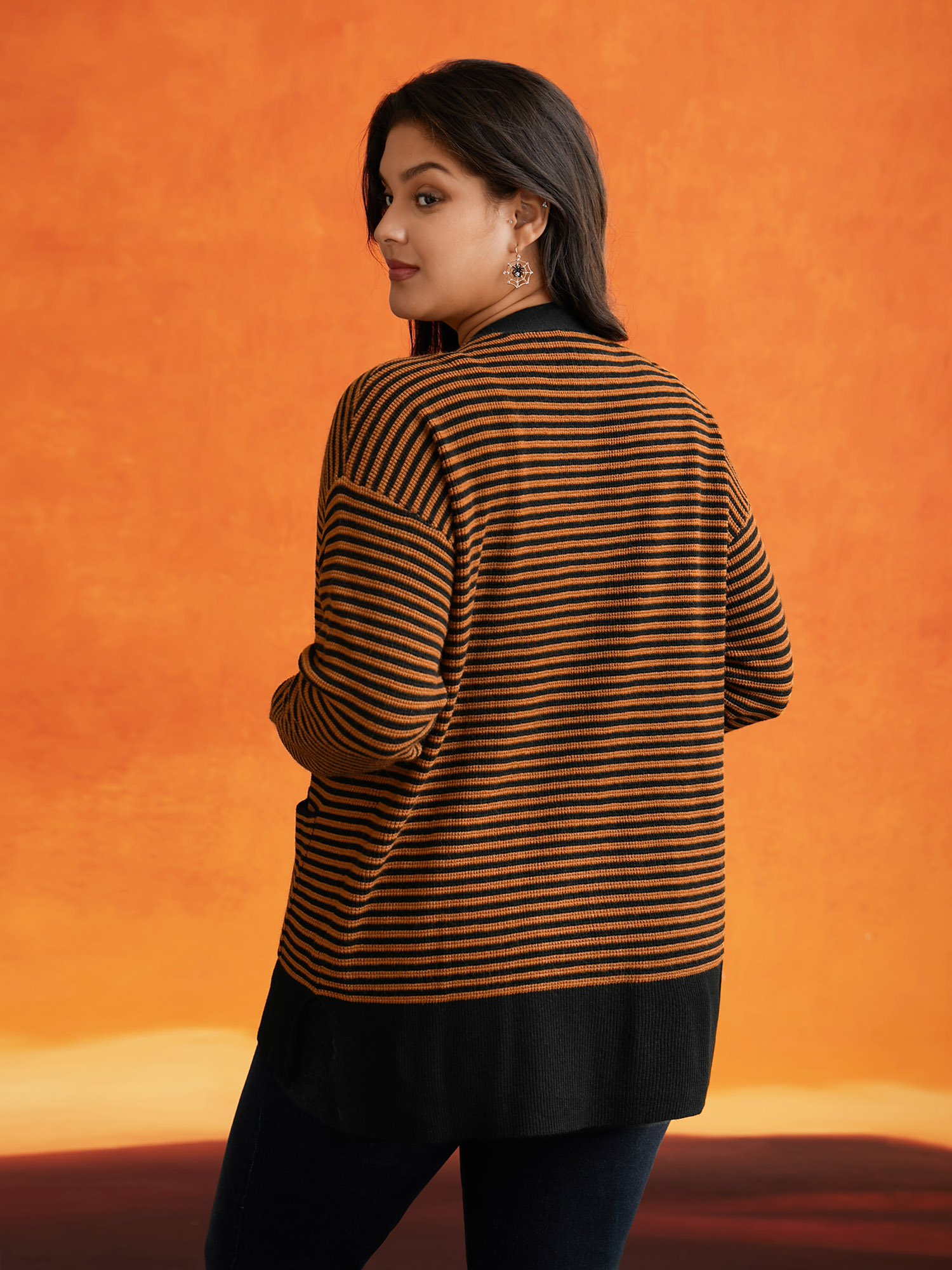 Plus Size Halloween Striped Ribbed Cardigan OrangeRed Women Casual Loose Long Sleeve Everyday Cardigans BloomChic 28/5X 