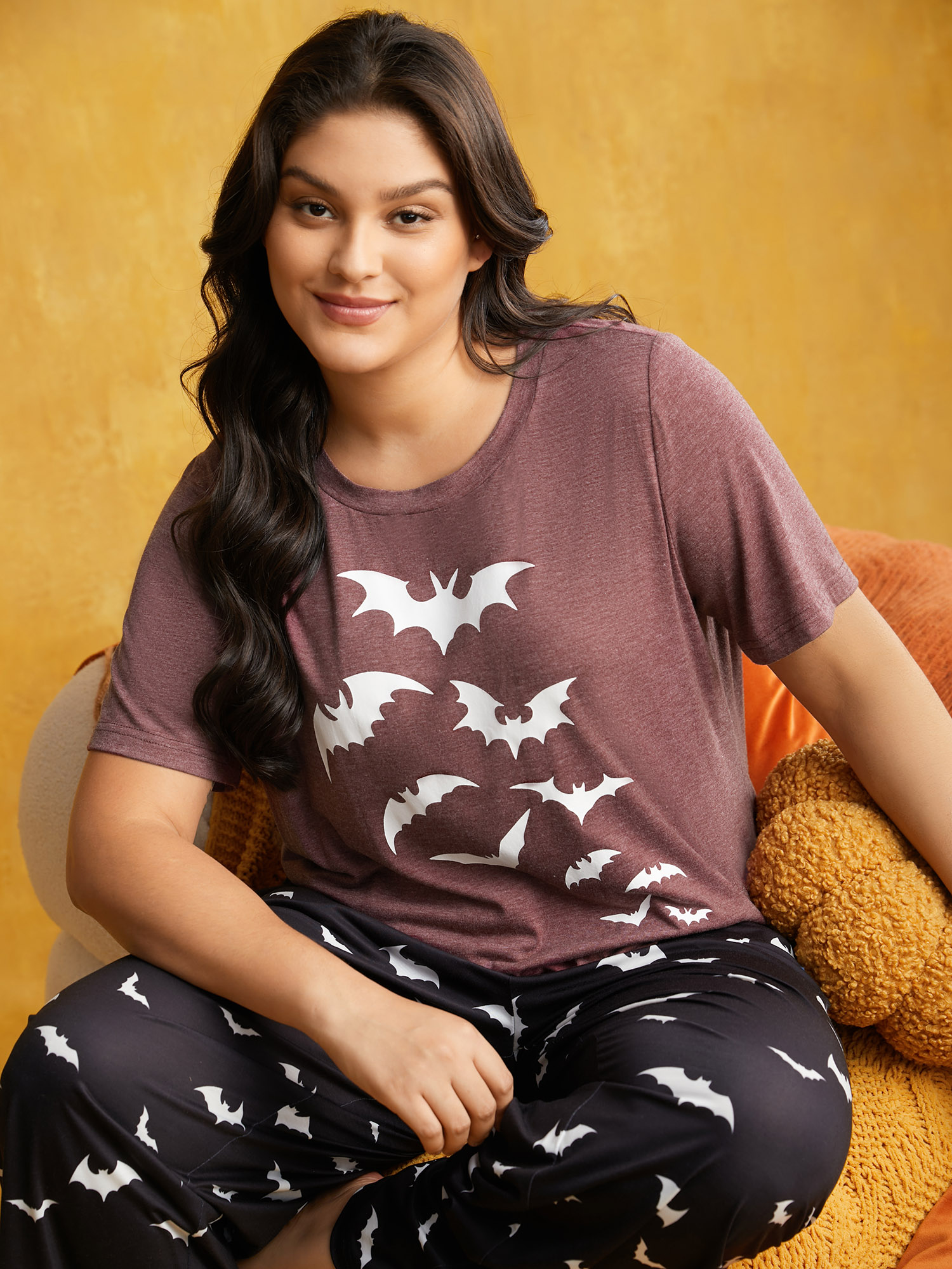 

Plus Size Soft Bat Printed Crew Neck Lounge Top Russet Everyday Casual Animals Short sleeve Round Neck  Bloomchic