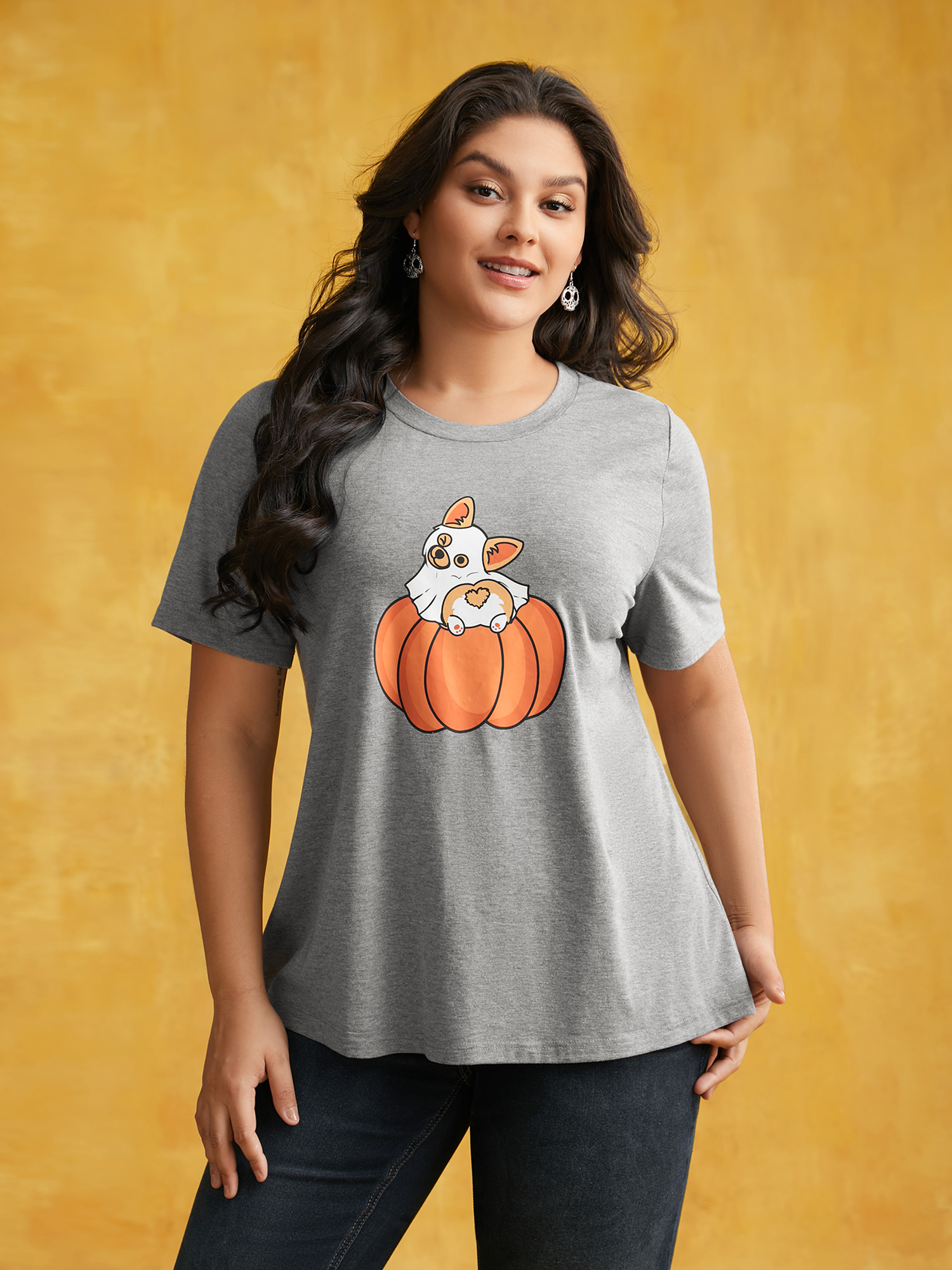 

Plus Size Pumpkin & Corgi Printed Relaxed Fit T-shirt DarkGray Women Casual Non Halloween Round Neck Everyday T-shirts BloomChic