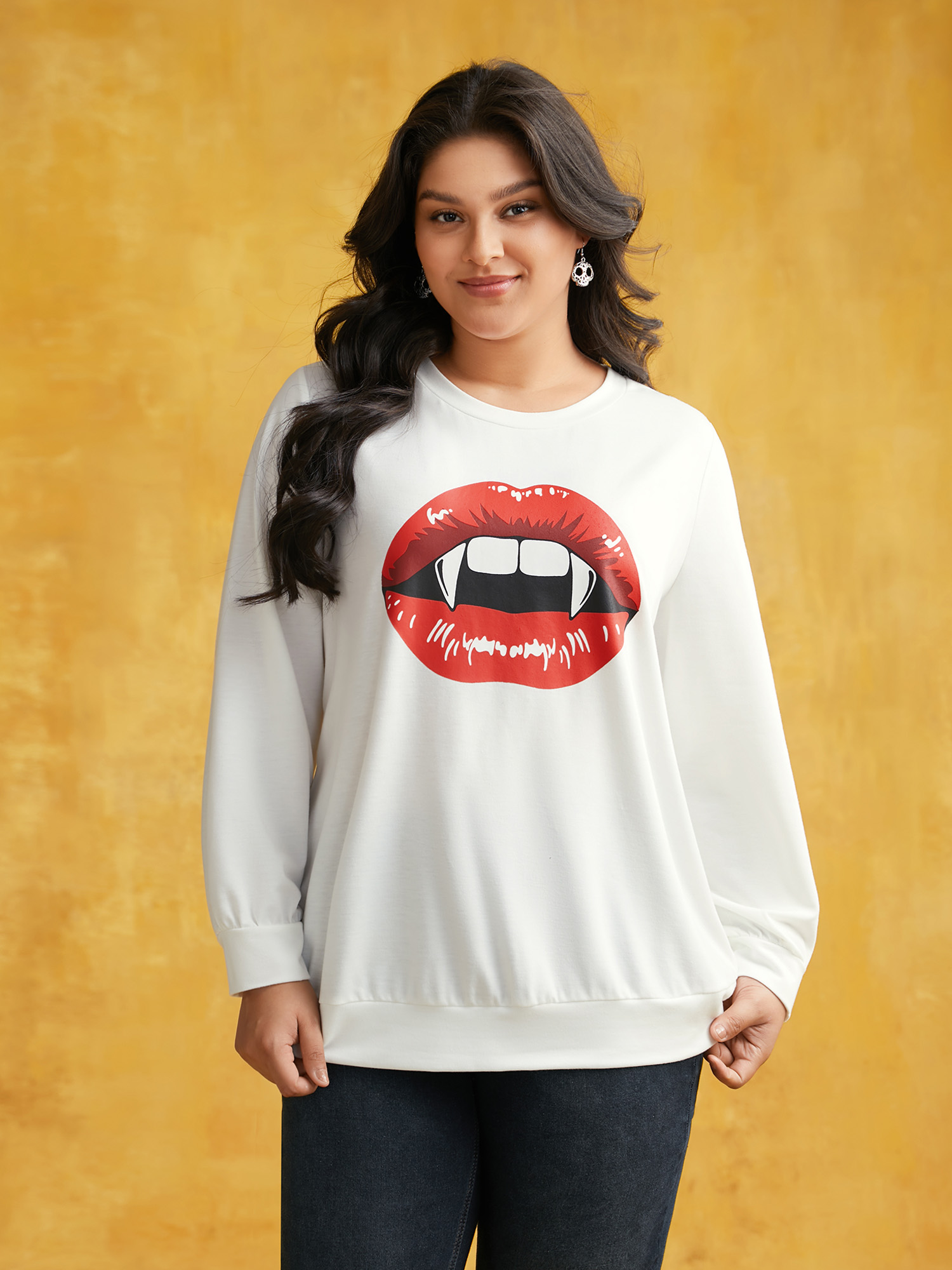 

Plus Size Vampire Red Lips Crew Neck Sweatshirt Women WhiteSmoke Casual Non Loose Non Everyday Sweatshirts BloomChic