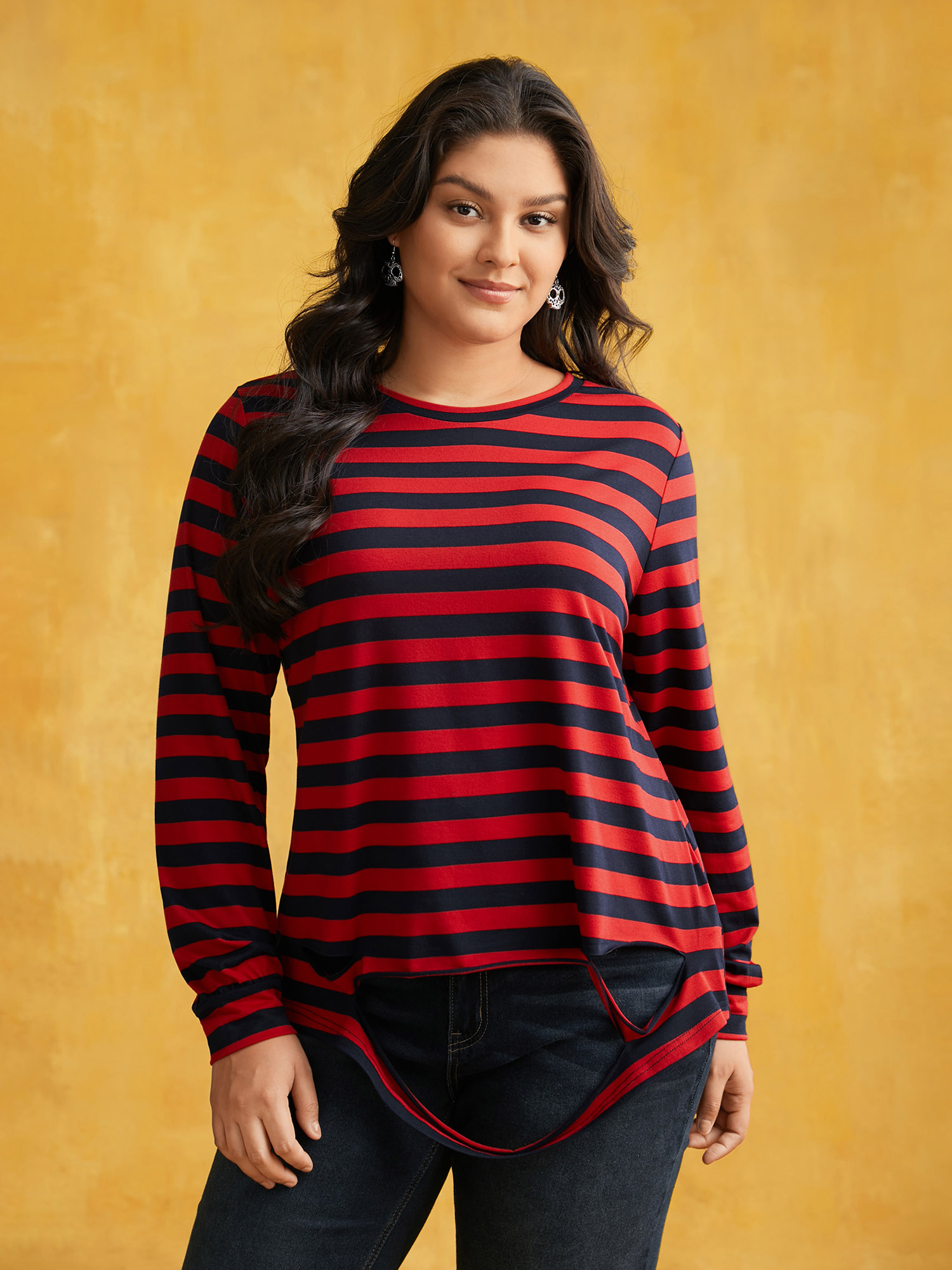 

Plus Size Striking Striped Relaxed Fit T-shirt Brightred Women Casual Distressed Round Neck Everyday T-shirts BloomChic