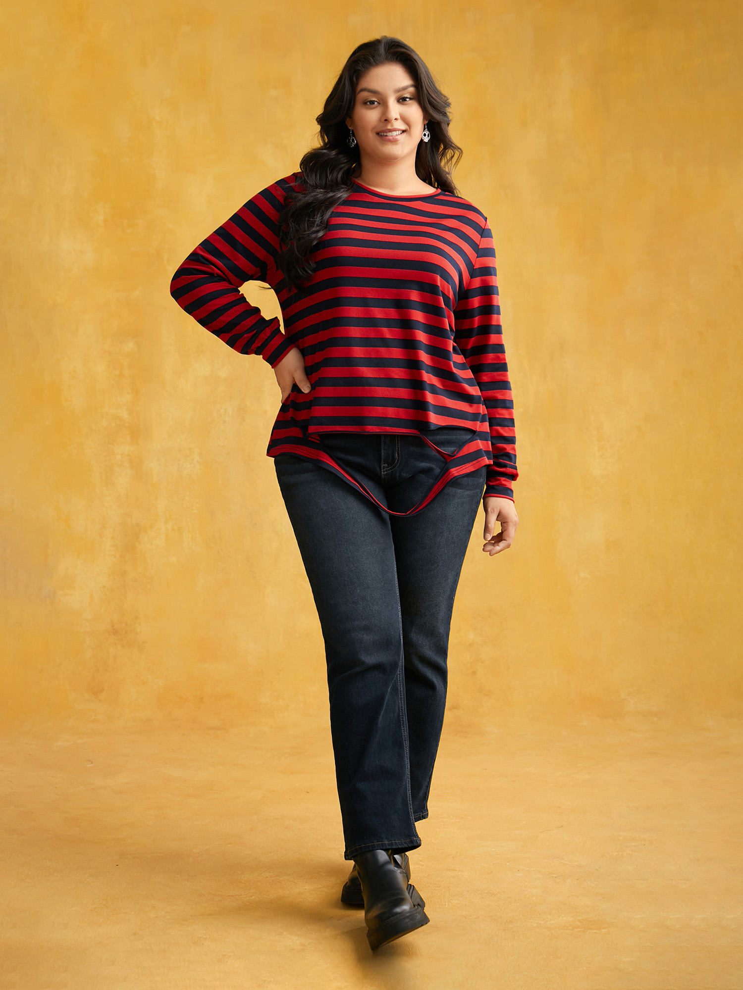 Plus Size Striking Striped Relaxed Fit T-shirt Brightred Women Casual Distressed Round Neck Everyday T-shirts BloomChic 10/M 