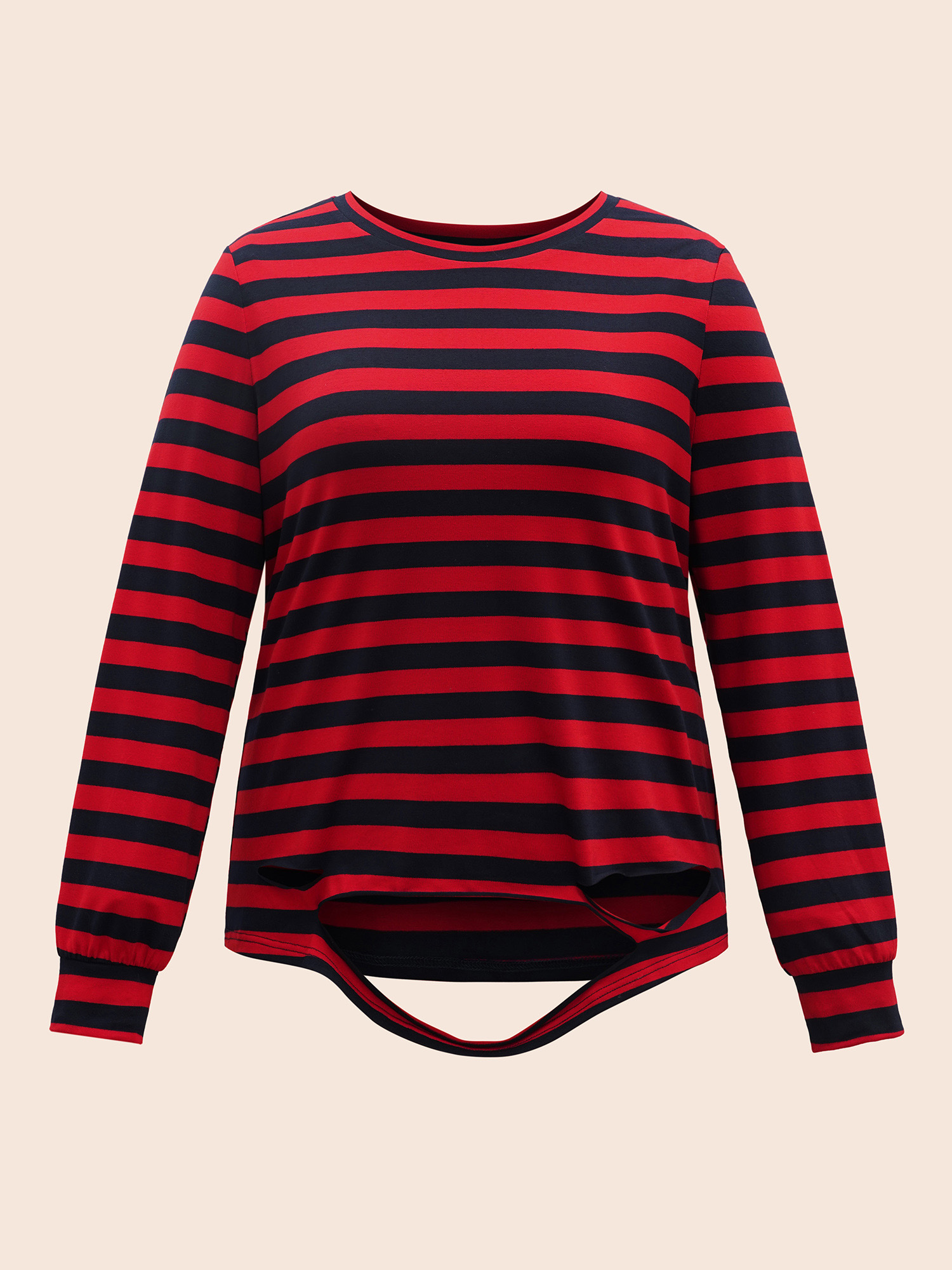 Plus Size Striking Striped Relaxed Fit T-shirt Brightred Women Casual Distressed Round Neck Everyday T-shirts BloomChic 10/M 