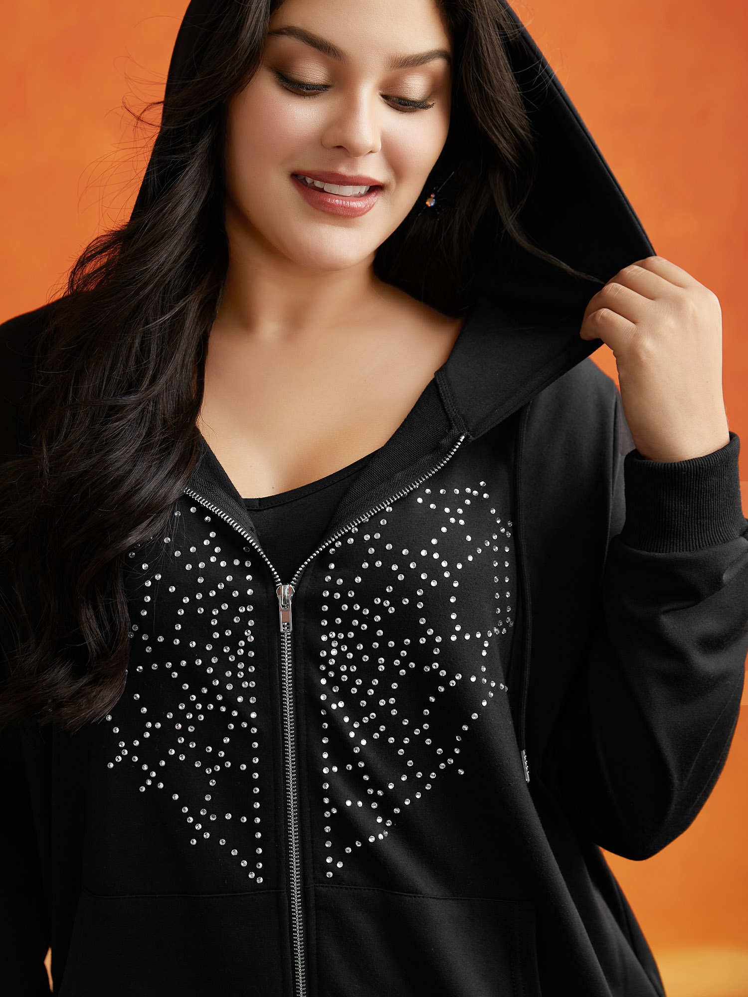 

Plus Size Diamond Embellished Spiderweb Zipper Sweatshirt Women Black Casual Rhinestone detailing Loose Hooded Everyday Sweatshirts BloomChic