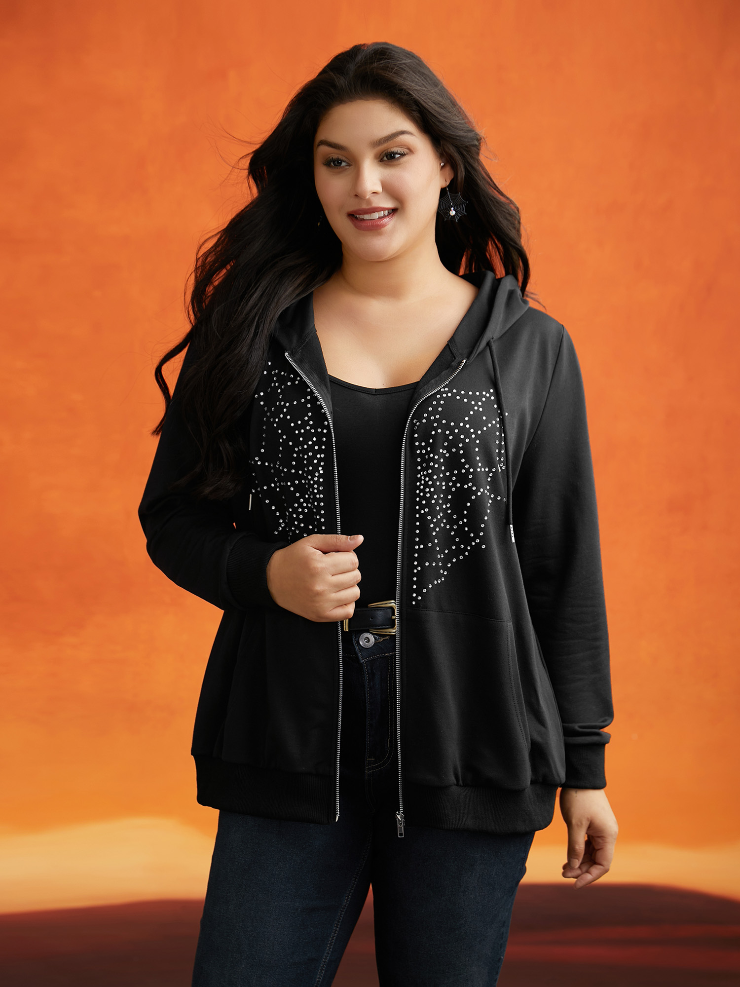 

Plus Size Diamond Embellished Spiderweb Zipper Sweatshirt Women Black Casual Rhinestone detailing Loose Hooded Everyday Sweatshirts BloomChic