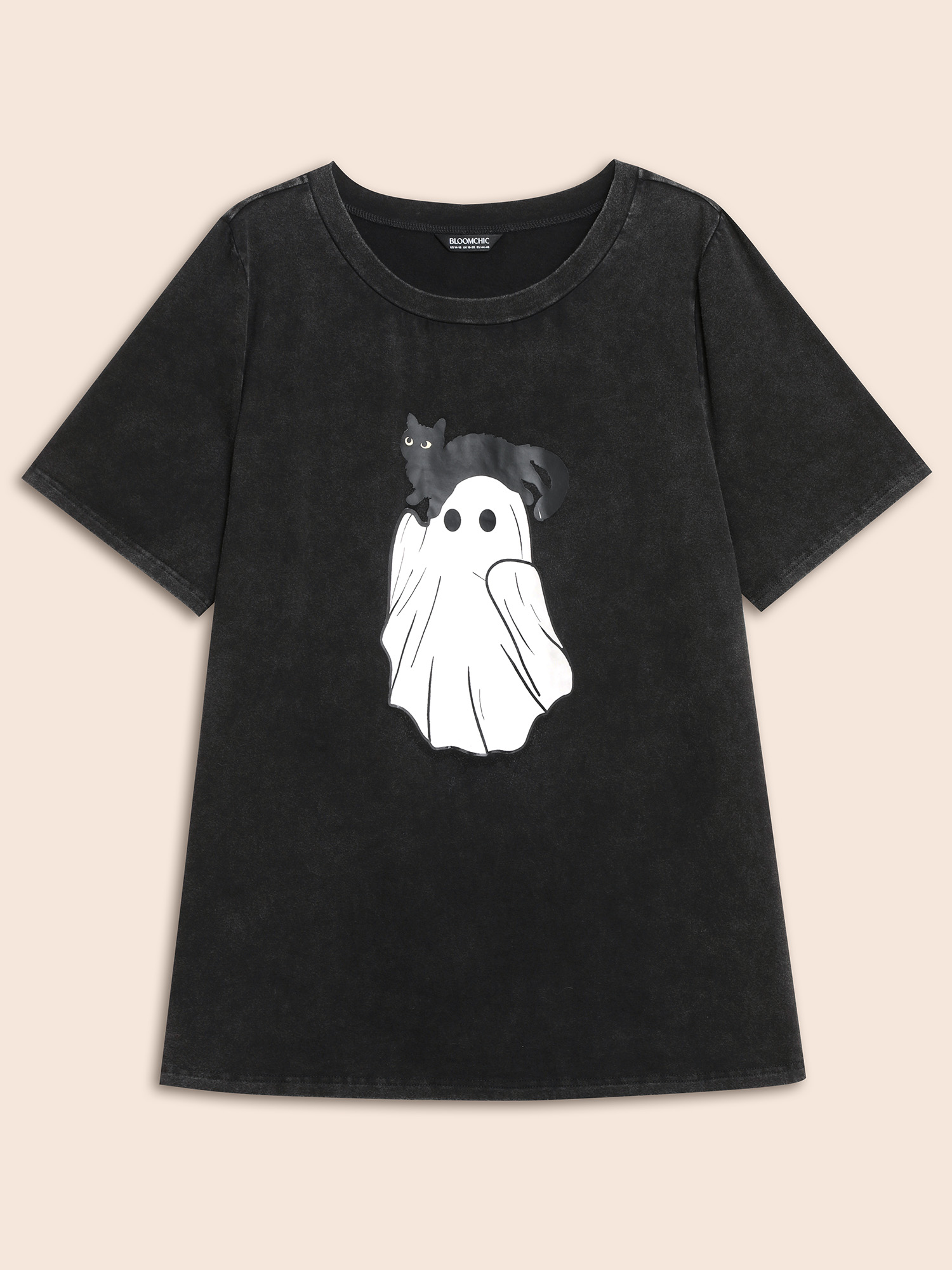 Plus Size Cotton Hide And Seek Washed Effect T-shirt Black Women Casual Non Halloween Round Neck Everyday T-shirts BloomChic 28/5X 
