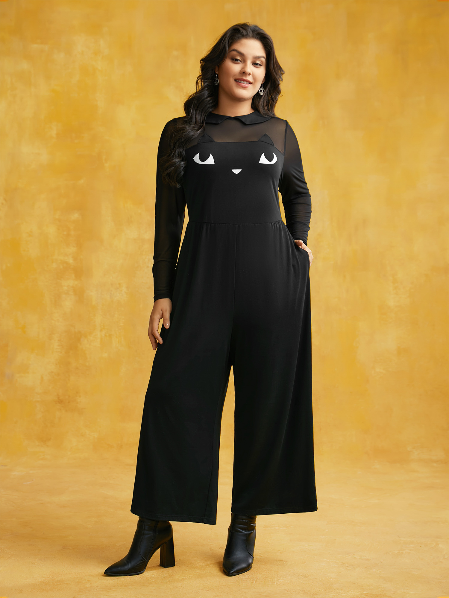 

Plus Size Black Stretch Fabric Spooky Cat Jumpsuit Women Cocktail Long Sleeve Round Neck Party Loose Jumpsuits BloomChic