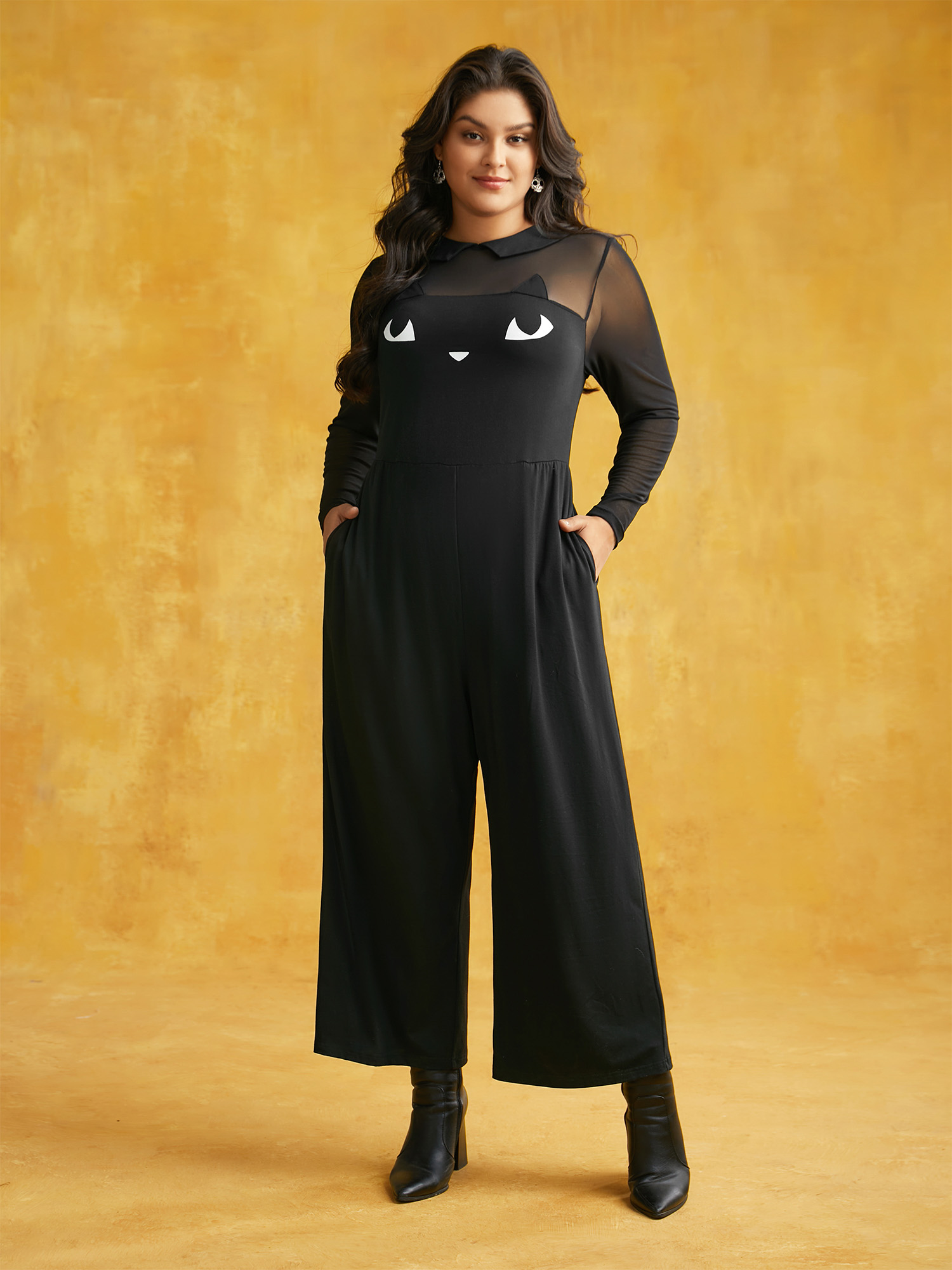 Plus Size Black Stretch Fabric Spooky Cat Jumpsuit Women Cocktail Long Sleeve Round Neck Party Loose Jumpsuits BloomChic 22-24/3X 