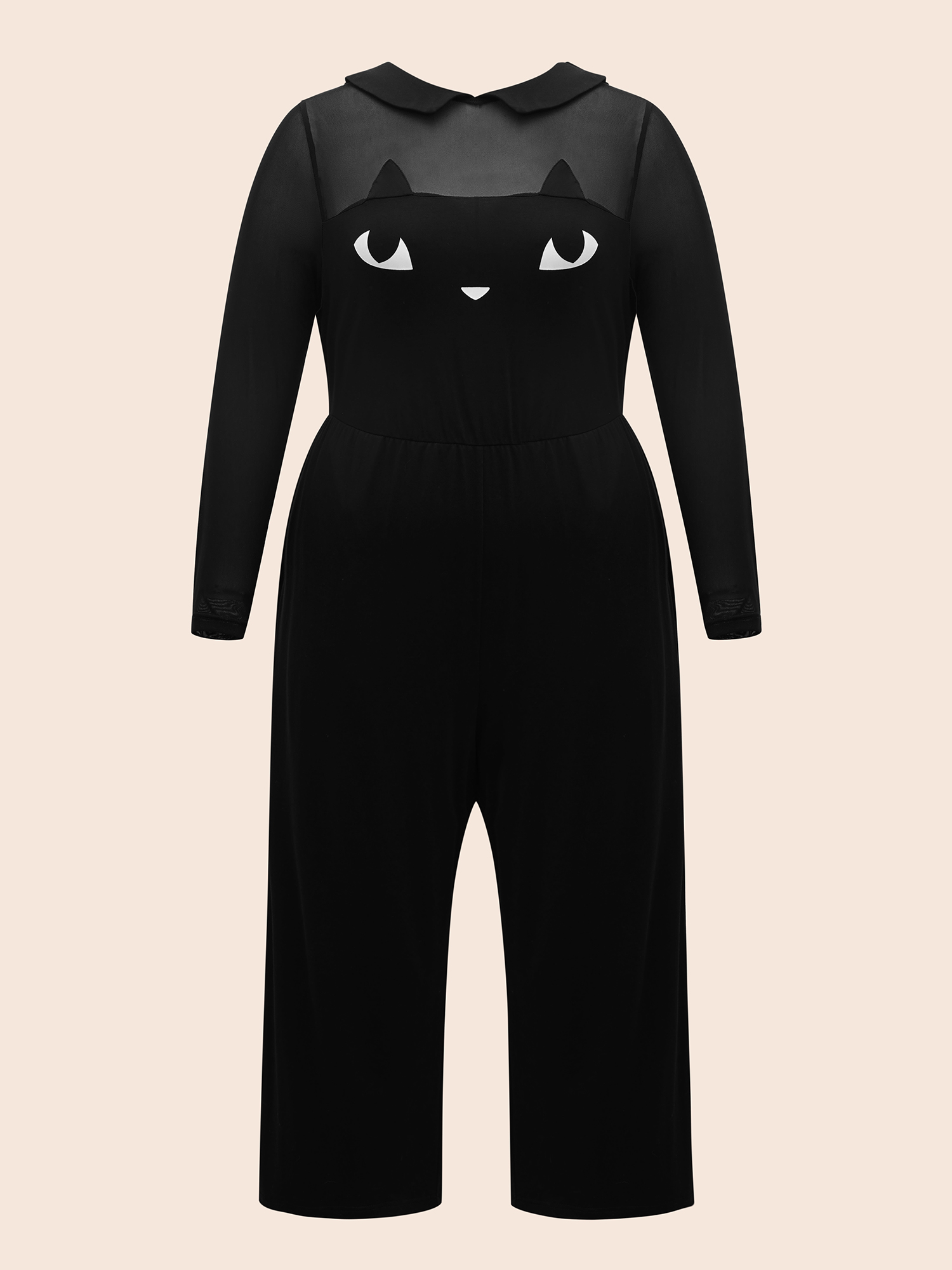 Plus Size Black Stretch Fabric Spooky Cat Jumpsuit Women Cocktail Long Sleeve Round Neck Party Loose Jumpsuits BloomChic 22-24/3X 