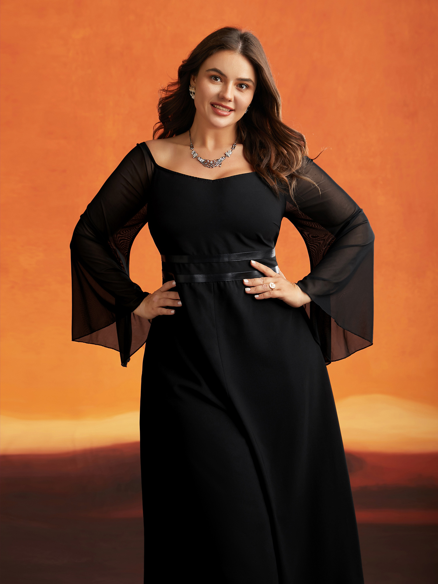 Plus Size Black Wicked Witch Leather Belt Off-Shoulder Jumpsuit Women Cocktail Extra Long Sleeve One-shoulder neck Party Loose Jumpsuits BloomChic 14-16/1X 