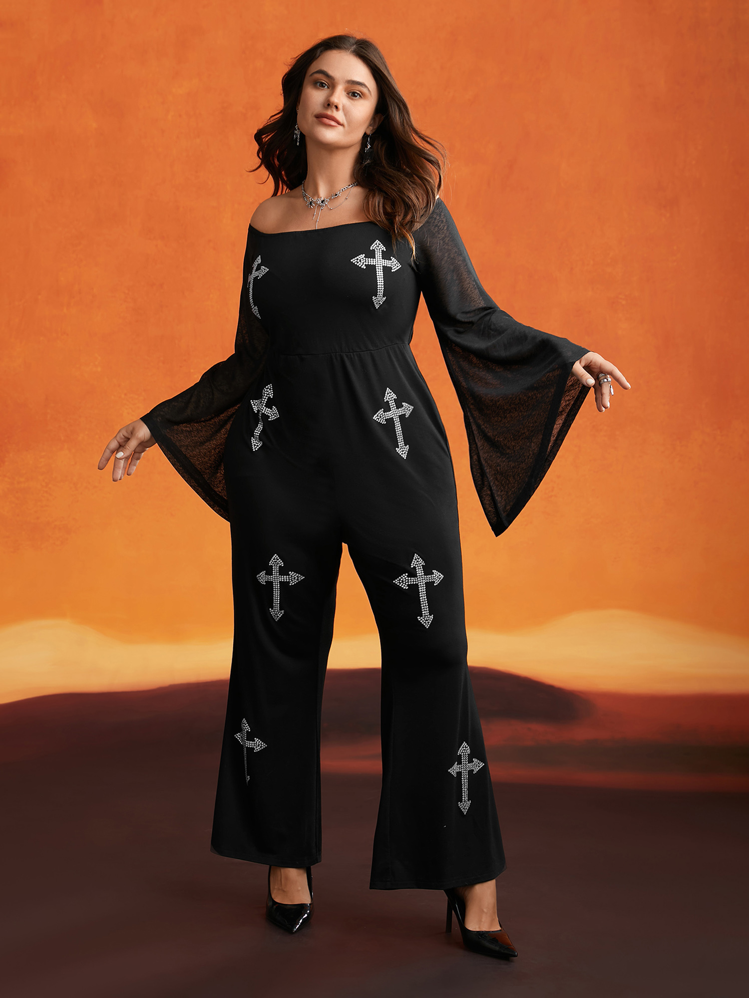 

Plus Size Black Gothic Glam Off-Shoulder Waist-Cinching Jumpsuit Women Cocktail Extra Long Sleeve One-shoulder neck Party Loose Jumpsuits BloomChic