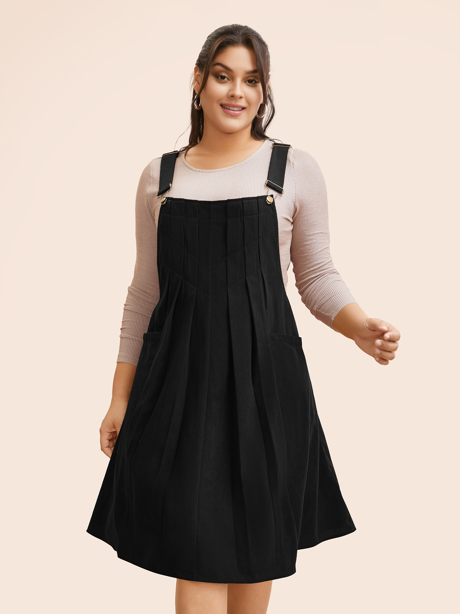 

Plus Size Solid Corduroy Pleated Overall Dress Black Women Casual Texture Non Sleeveless Curvy BloomChic