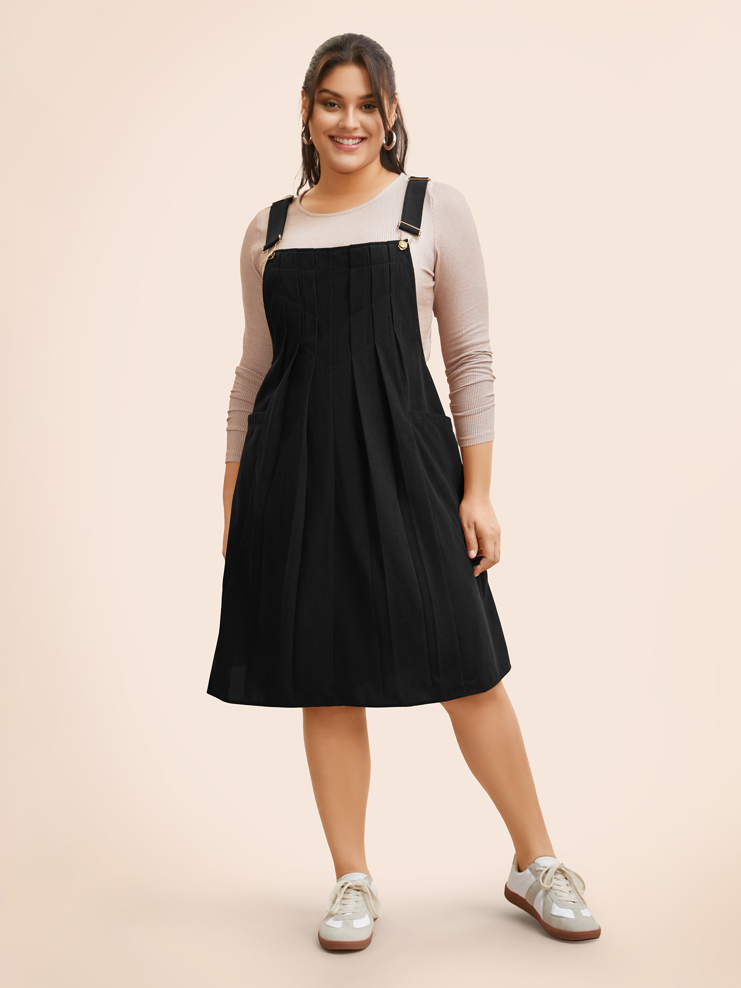 

Plus Size Solid Corduroy Pleated Overall Dress Black Women Casual Texture Non Sleeveless Curvy BloomChic