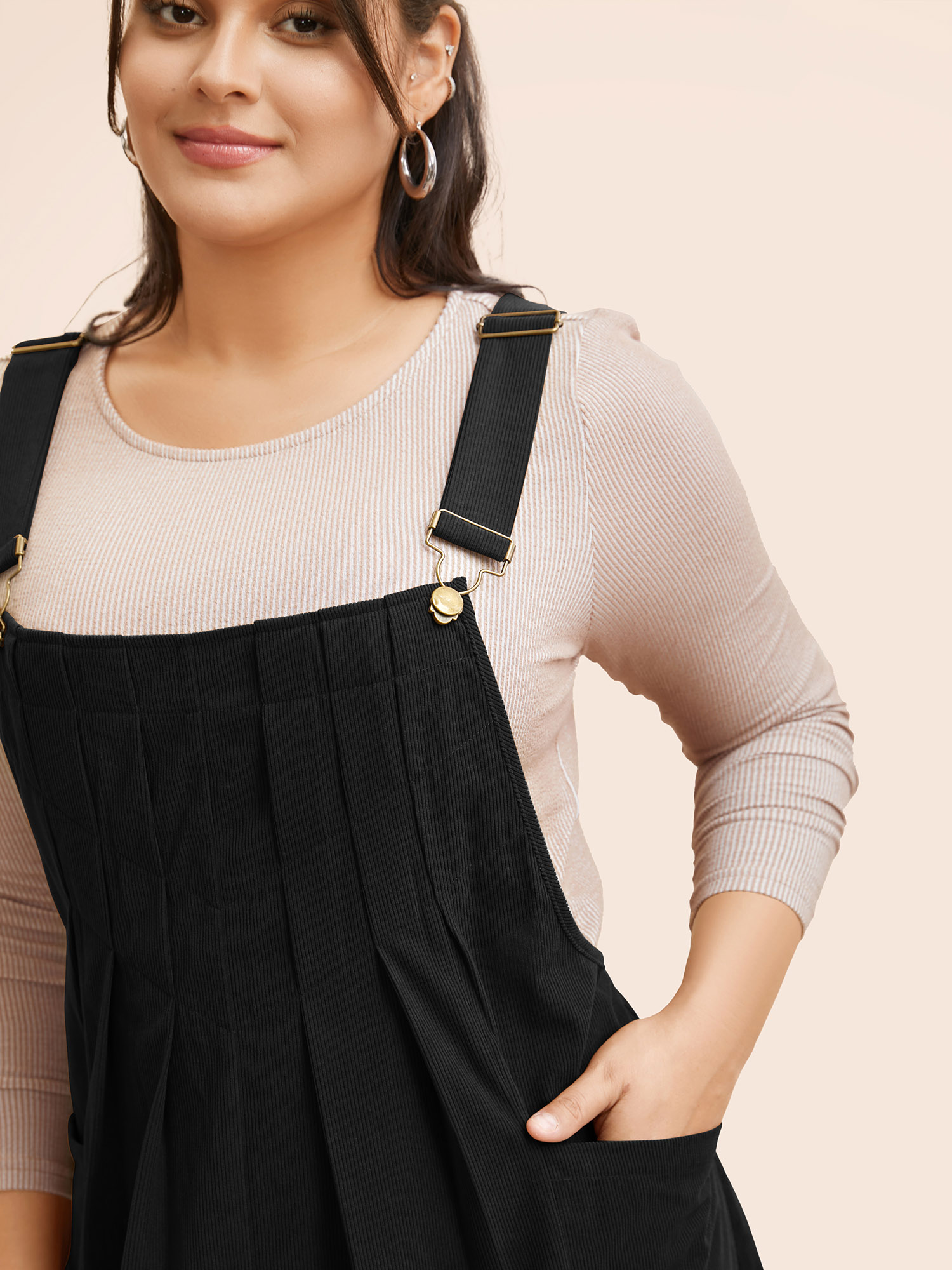 

Plus Size Solid Corduroy Pleated Overall Dress Black Women Casual Texture Non Sleeveless Curvy BloomChic